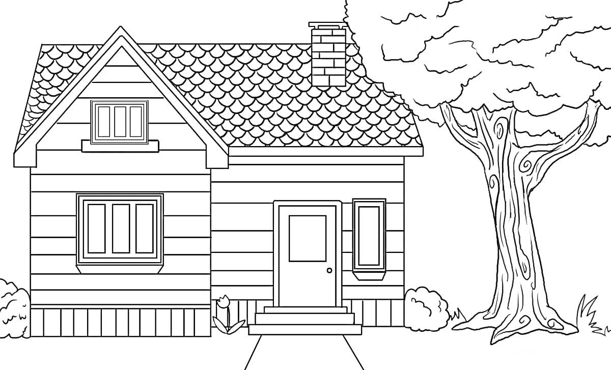 На раскраске изображено: Дом, Окна, Дверь, Дорожка, Кусты, Ступеньки, Черепица, Деревья