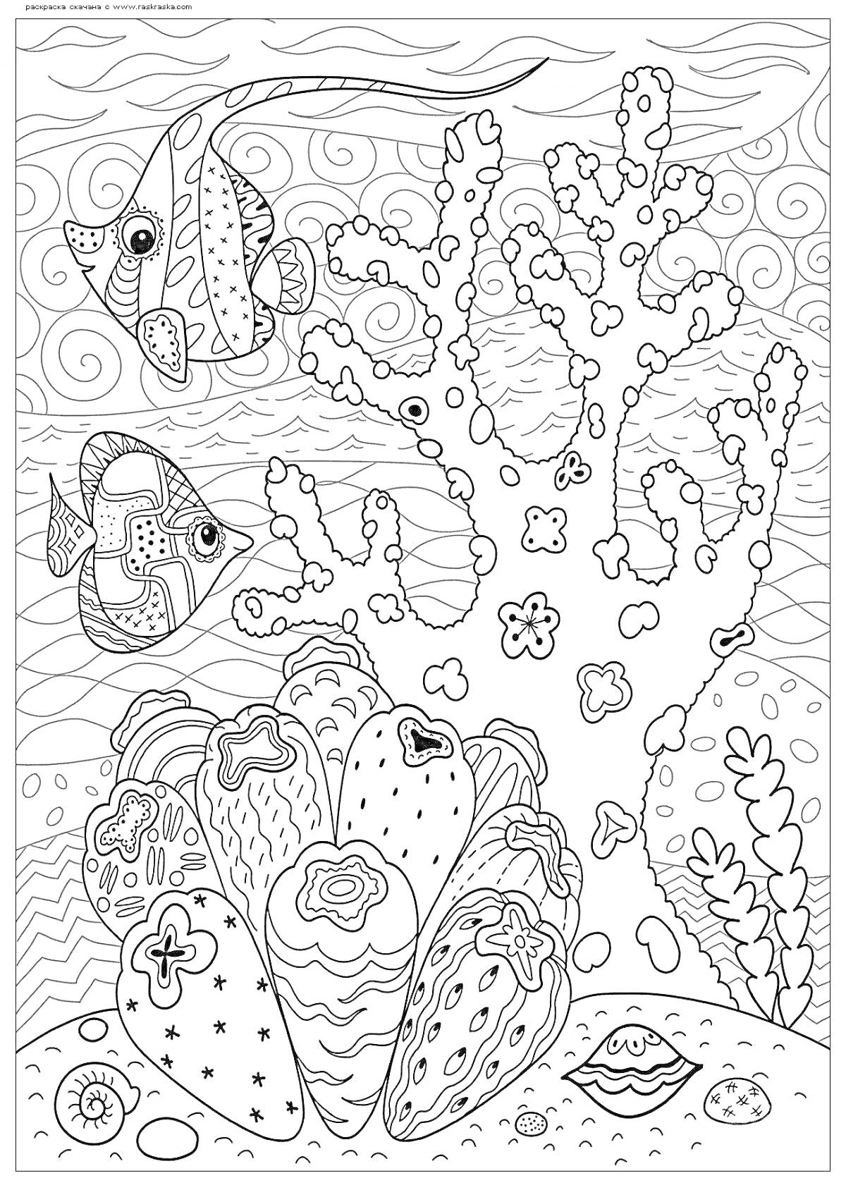 На раскраске изображено: Антистресс, Кораллы, Морские звезды, Водоросли