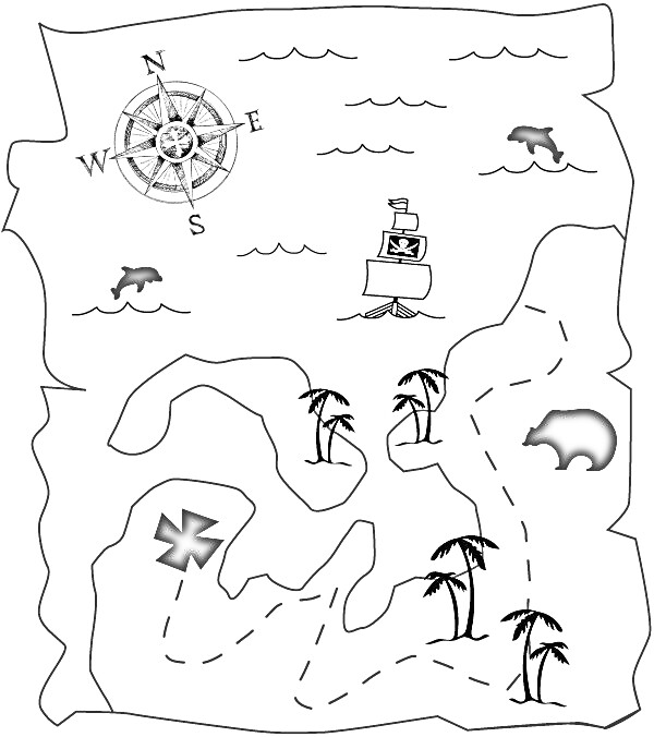 На раскраске изображено: Карта сокровищ, Компас, Пиратский корабль, Дельфины, Медведь, Пальмы, Приключения, Для детей, Сокровища, Мальчик