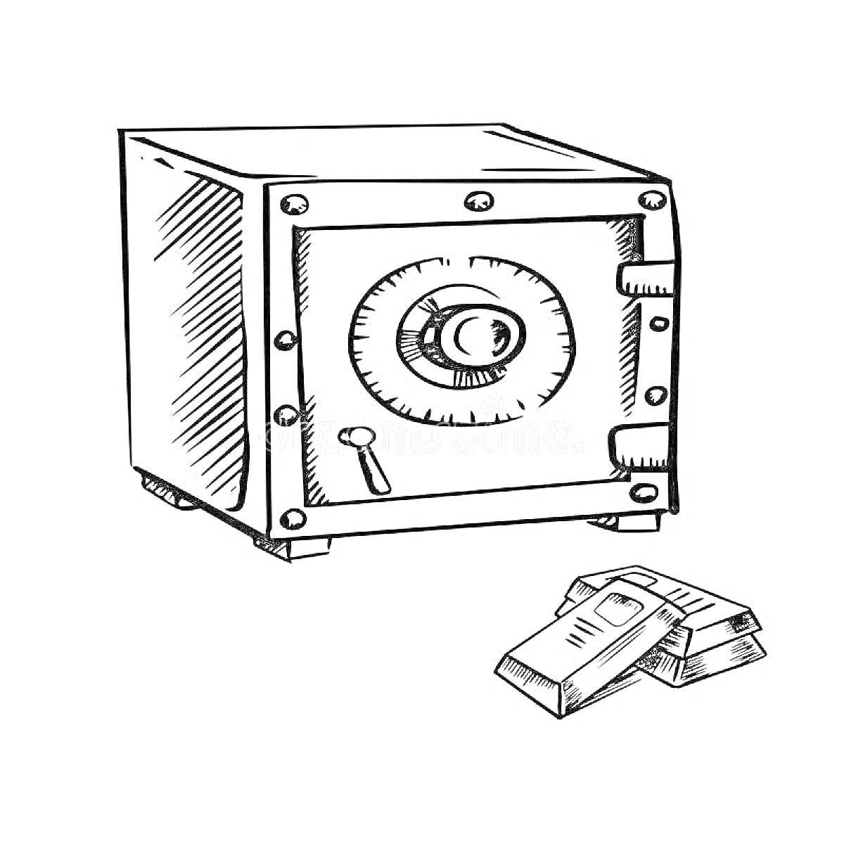 Раскраска Сейф с комбинационным замком и денежными пачками