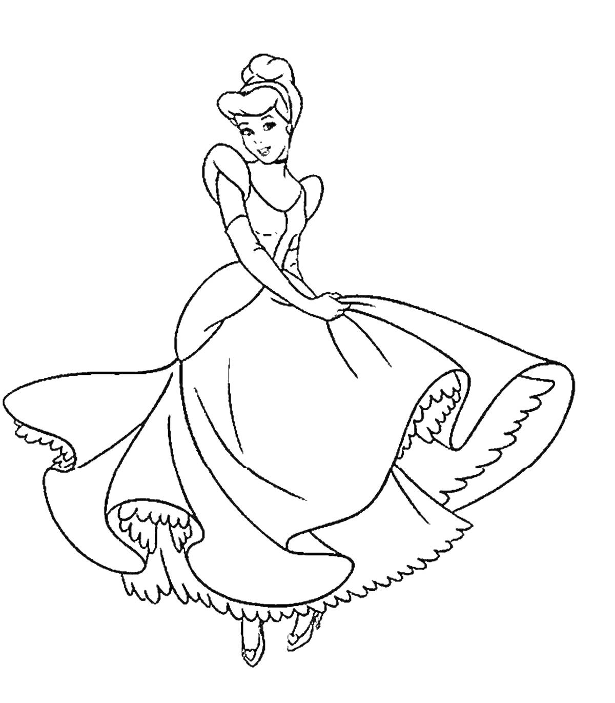 Раскраска Золушка в бальном платье танцует