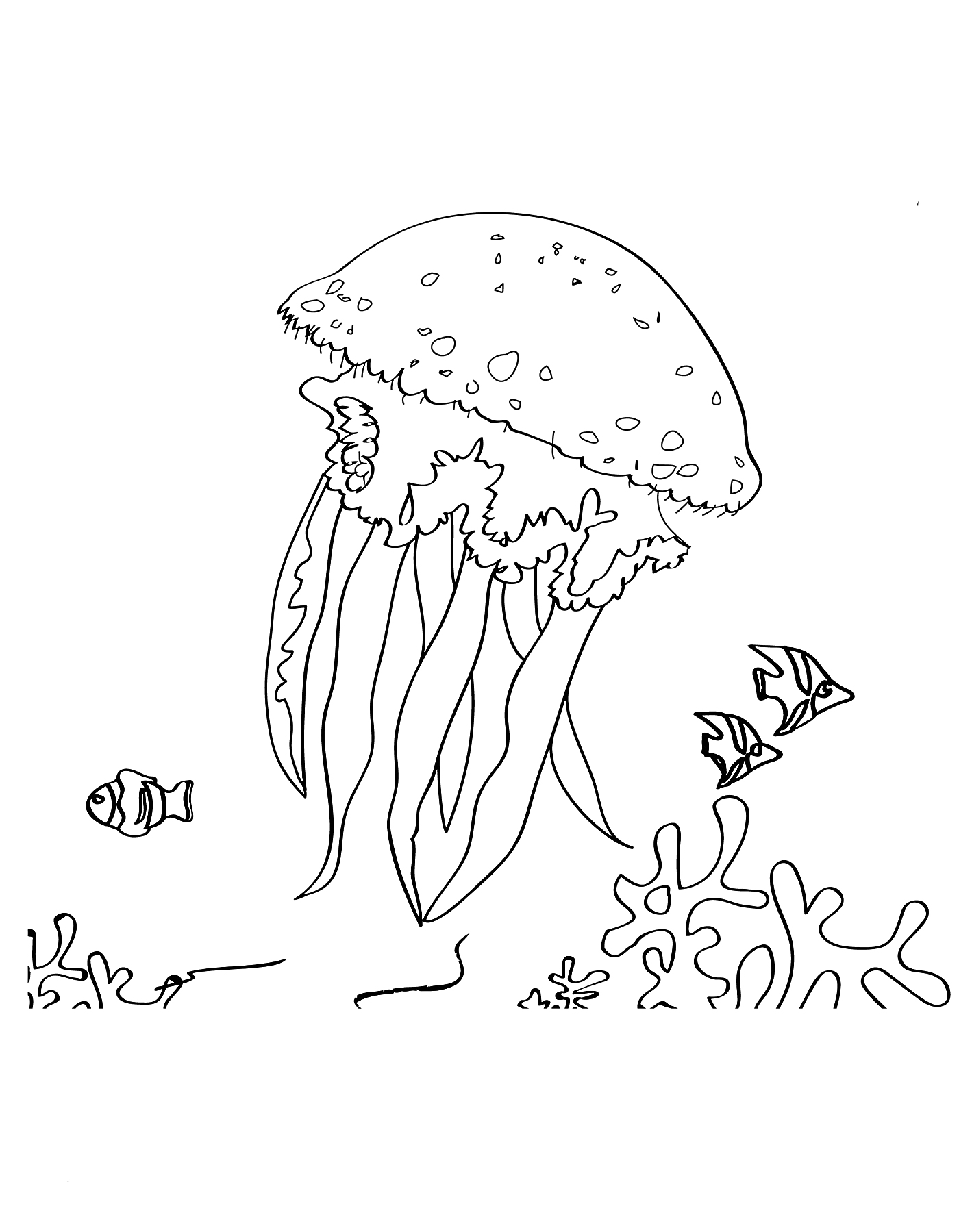 На раскраске изображено: Медуза, Подводные растения, Море, Подводный мир, Кораллы, Рыба, Морские животные