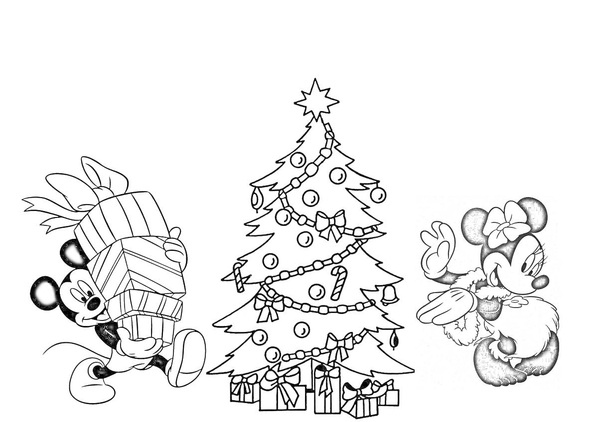 Раскраска Микки Маус с подарками, Минни Маус в шарфе у рождественской елки с украшениями и подарками