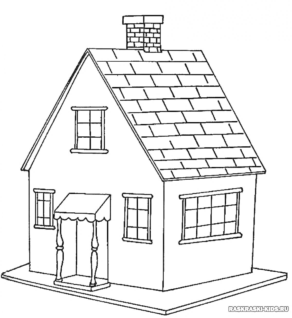 На раскраске изображено: Домик, Окна, Дверь, Колонны, Крыша, Труба, Архитектура