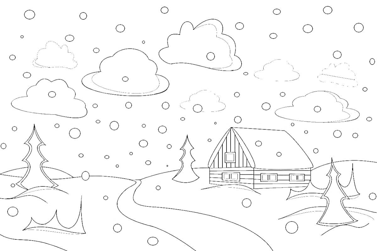 На раскраске изображено: Зима, Пейзаж, Домик, Ёлки, Снег, Облака, Заснеженная дорога, Природа