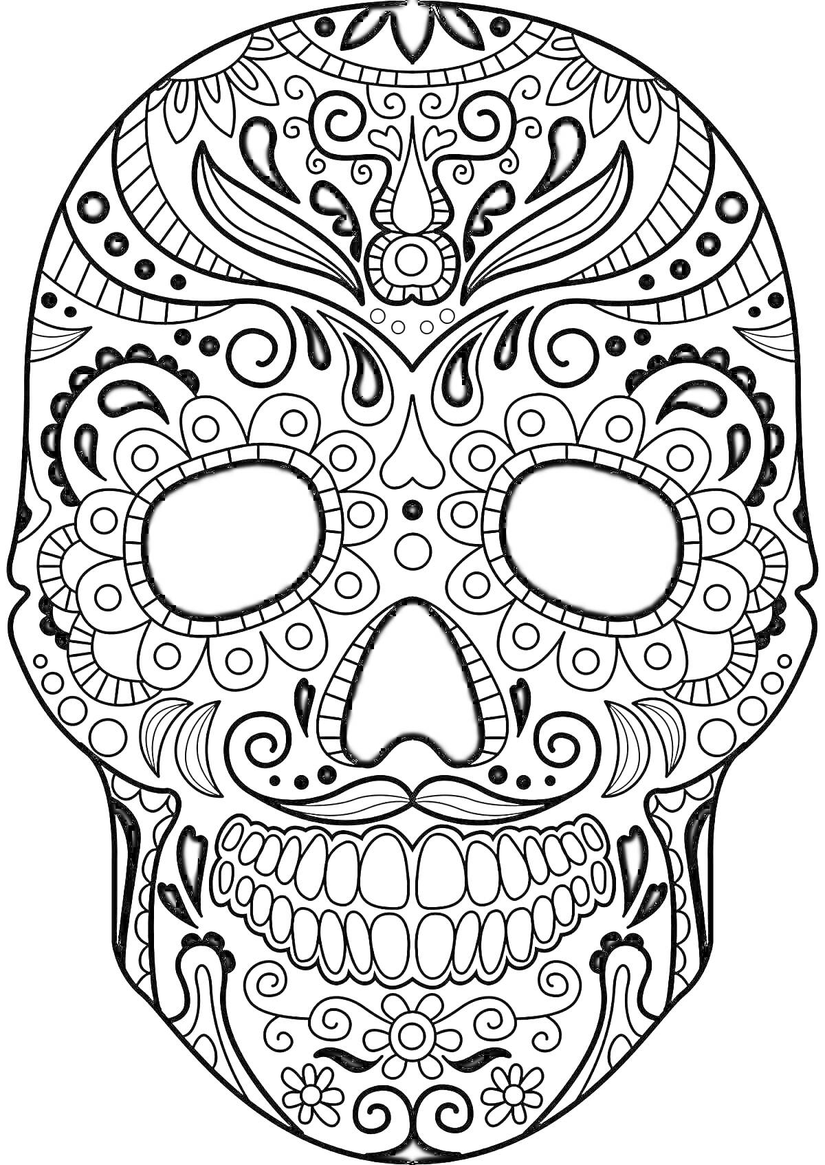 На раскраске изображено: Череп, Цветы, Узоры, Мексиканский стиль, День мертвых, Орнамент