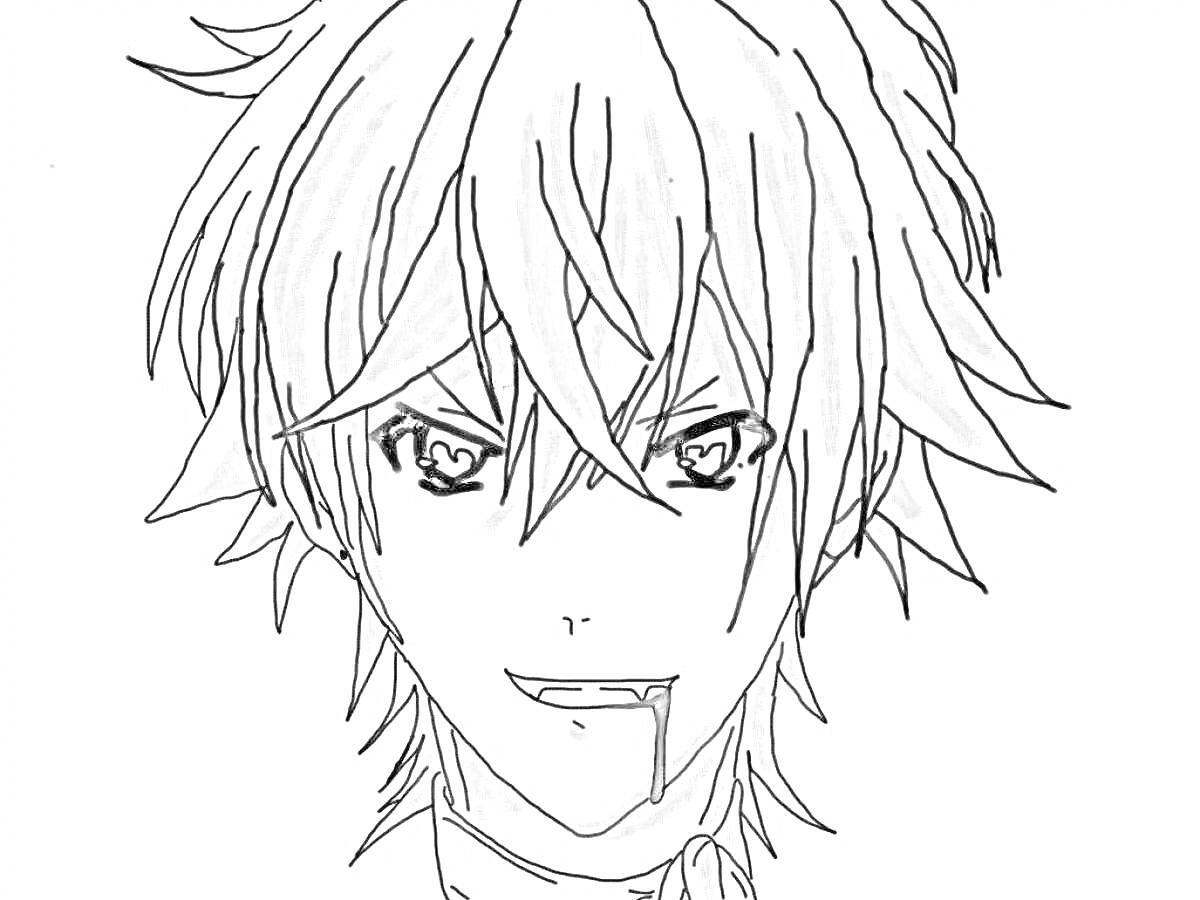 Раскраска Изображение аниме персонажа с растрепанными волосами, выразительными глазами и каплей крови на подбородке