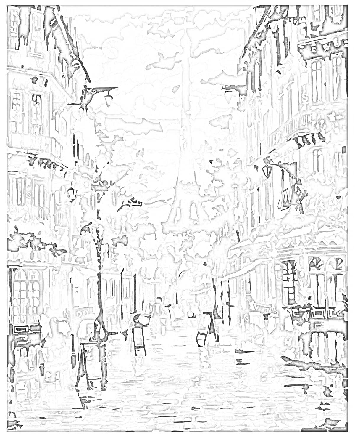 На раскраске изображено: Кафе, Париж, Эйфелева башня, Архитектура, Дождливый день