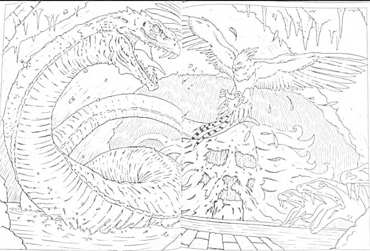 Раскраска Большая змея, сова с письмом, черепа в пещере с сосульками и мастинообразным существом на фоне
