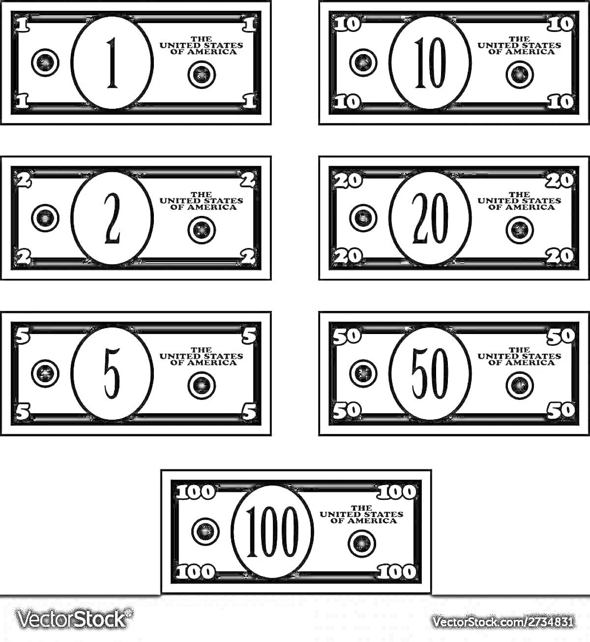 Раскраска Игровые деньги для детей, банкноты номиналами 1, 2, 5, 10, 20, 50 и 100