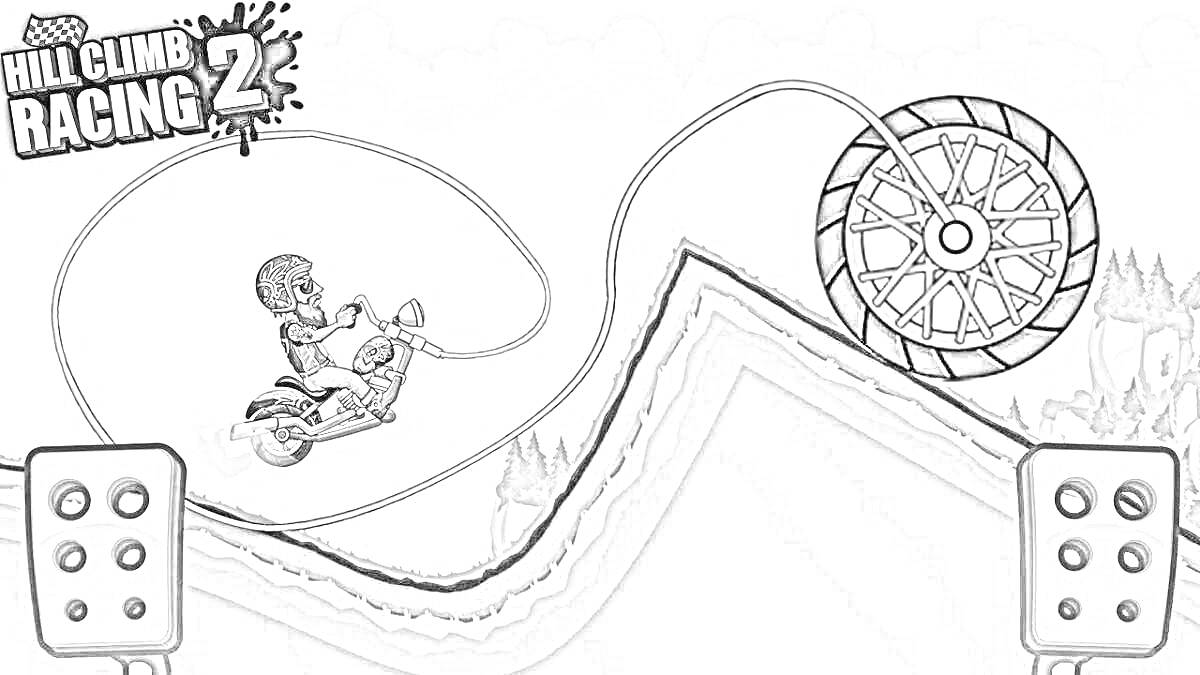 Раскраска Водитель на мотоцикле, едущий по холмам с препятствием в виде большого колеса. В правом нижнем и левом верхнем углах изображены трековые элементы.