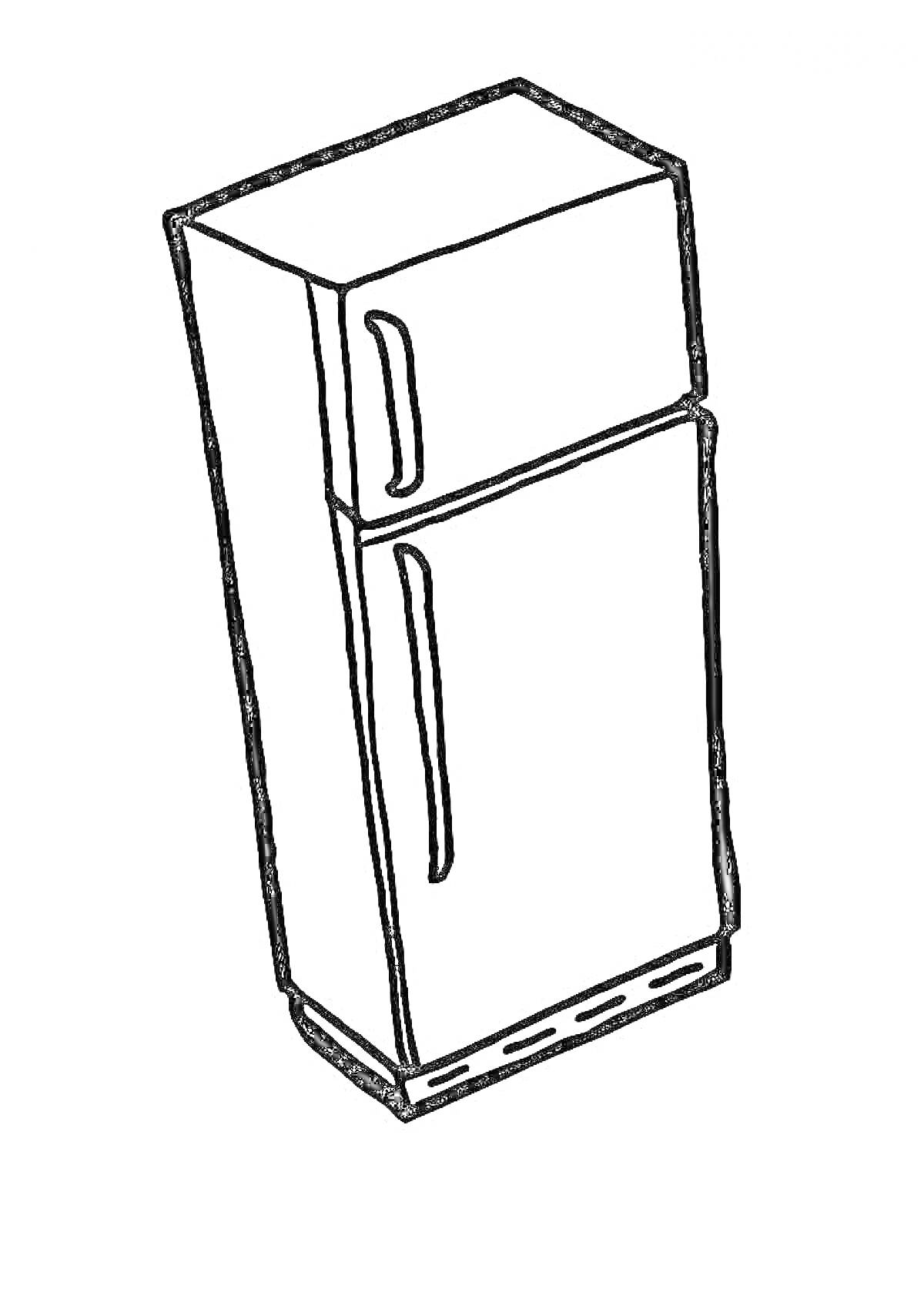 Раскраска Холодильник с верхней морозильной камерой и длинными вертикальными ручками