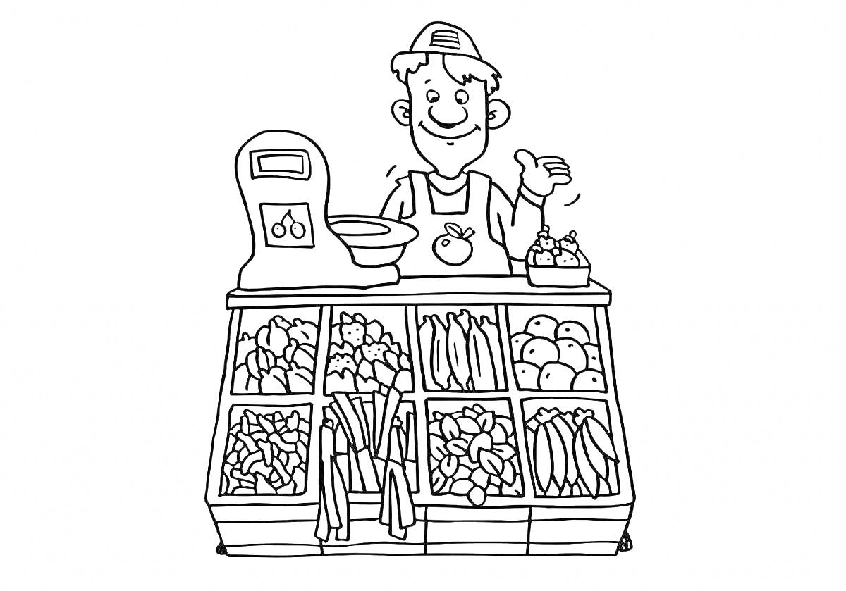 Раскраска Продавец-кассир у прилавка с овощами и фруктами (прилавок, весы, овощи, фрукты, продавец)