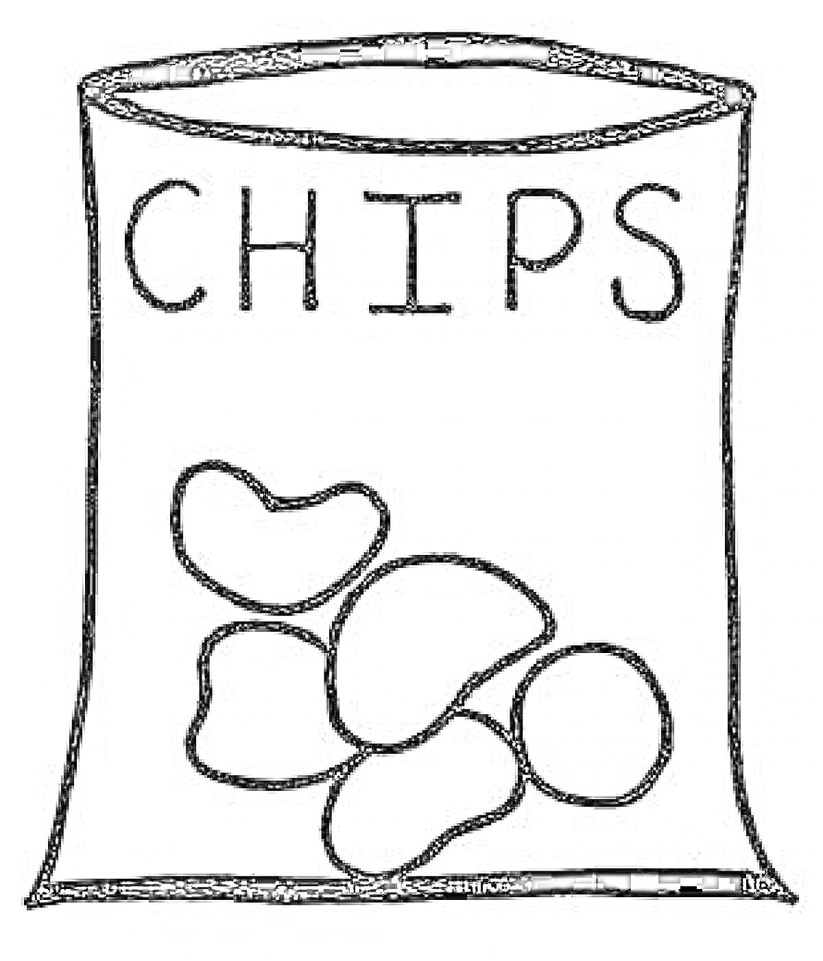 На раскраске изображено: Чипсы, Пакет, Еда, Питание, Картофельные чипсы, Закуски