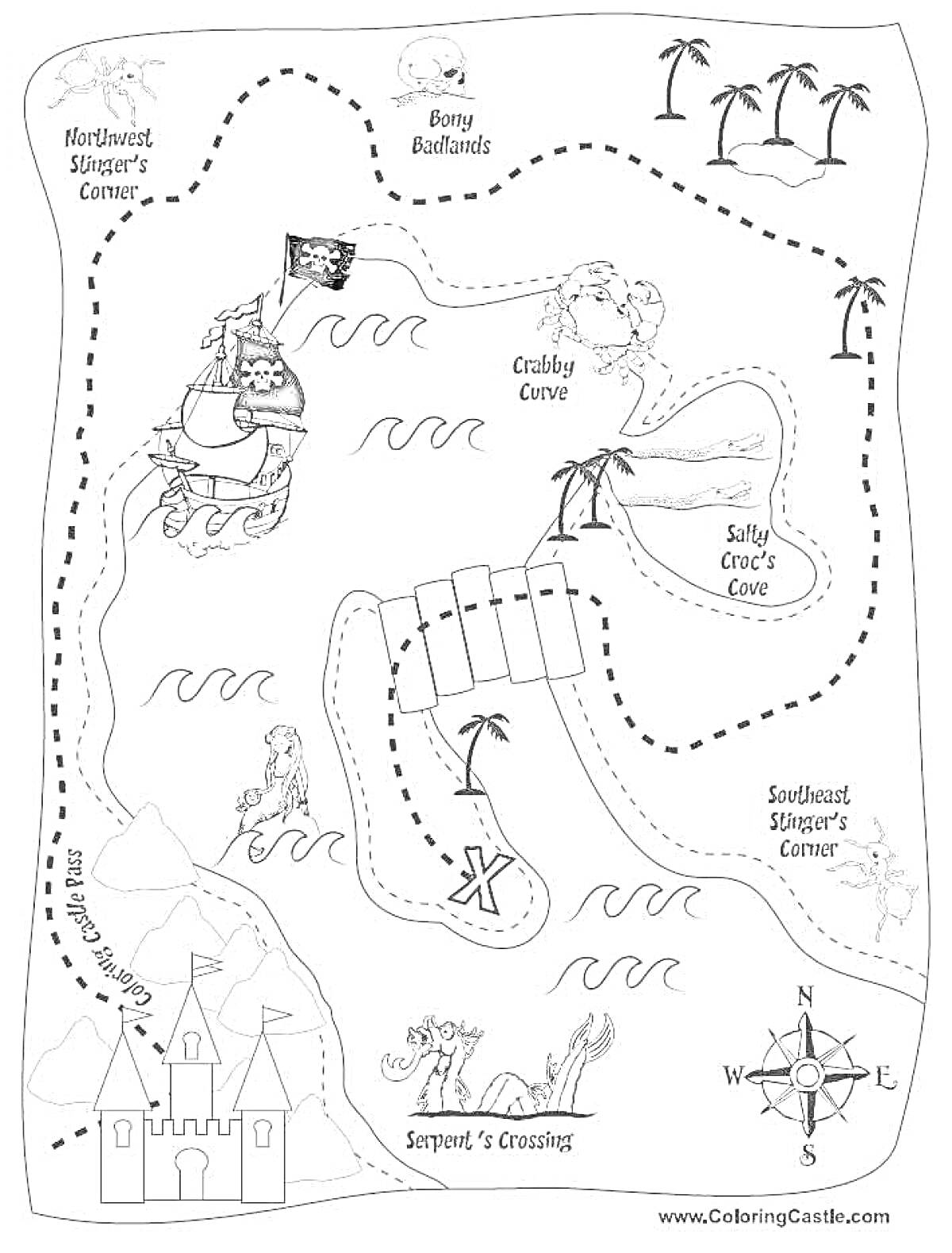 На раскраске изображено: Карта, Квест, Корабль, Остров, Пещера, Крокодил, Замок, Компас, Пиратский флаг