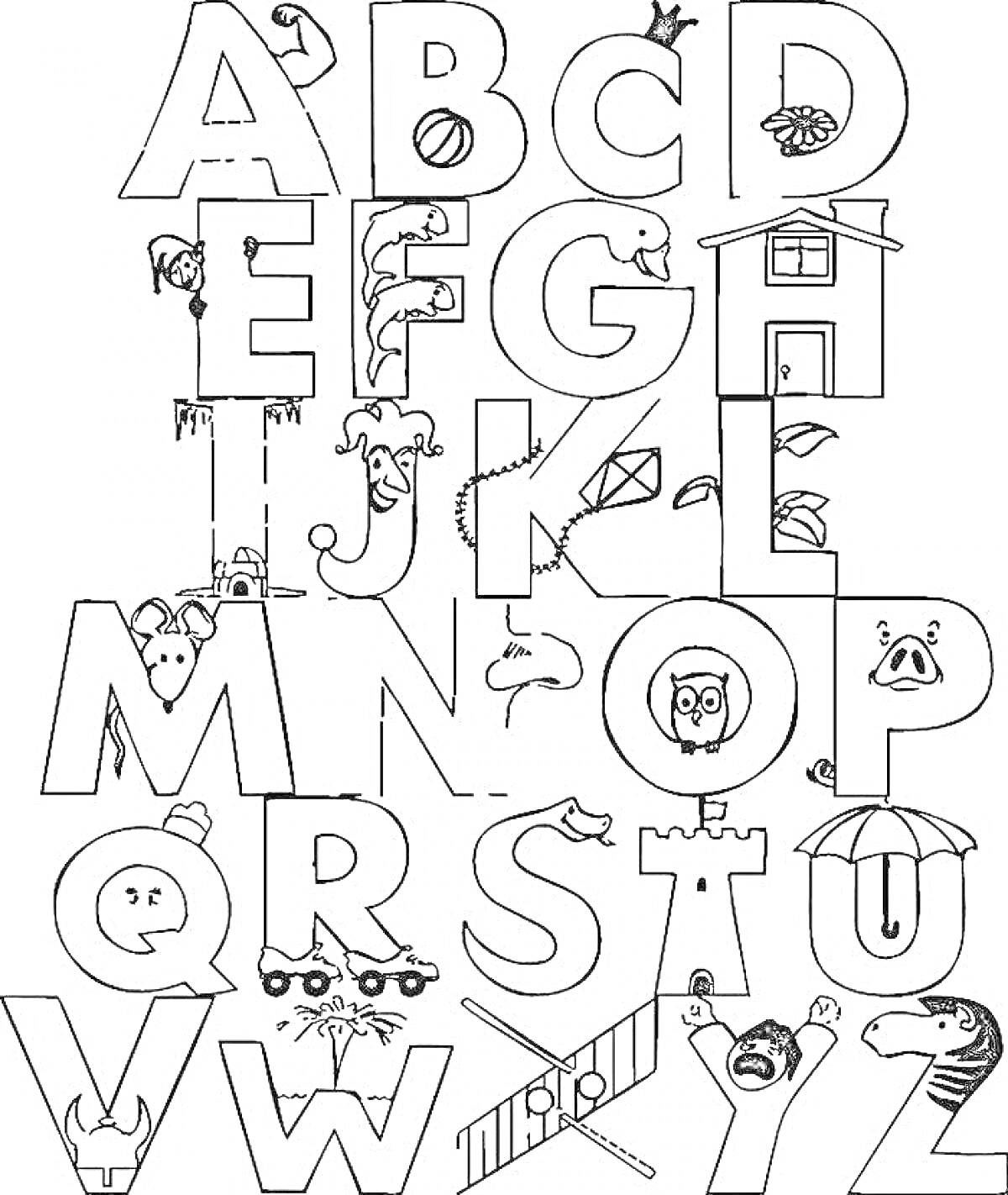Буквы с изображениями, соответствующими алфавиту: самолет (A), пчела (B), кошка (C), собака (D), яйцо (E), лягушка (F), коза (G), шляпа (H), мороженое (I), клоун (J), воздушный змей (K), лимон (L), мышь (M), гнездо (N), сова (O), свинья (P), королева (Q),