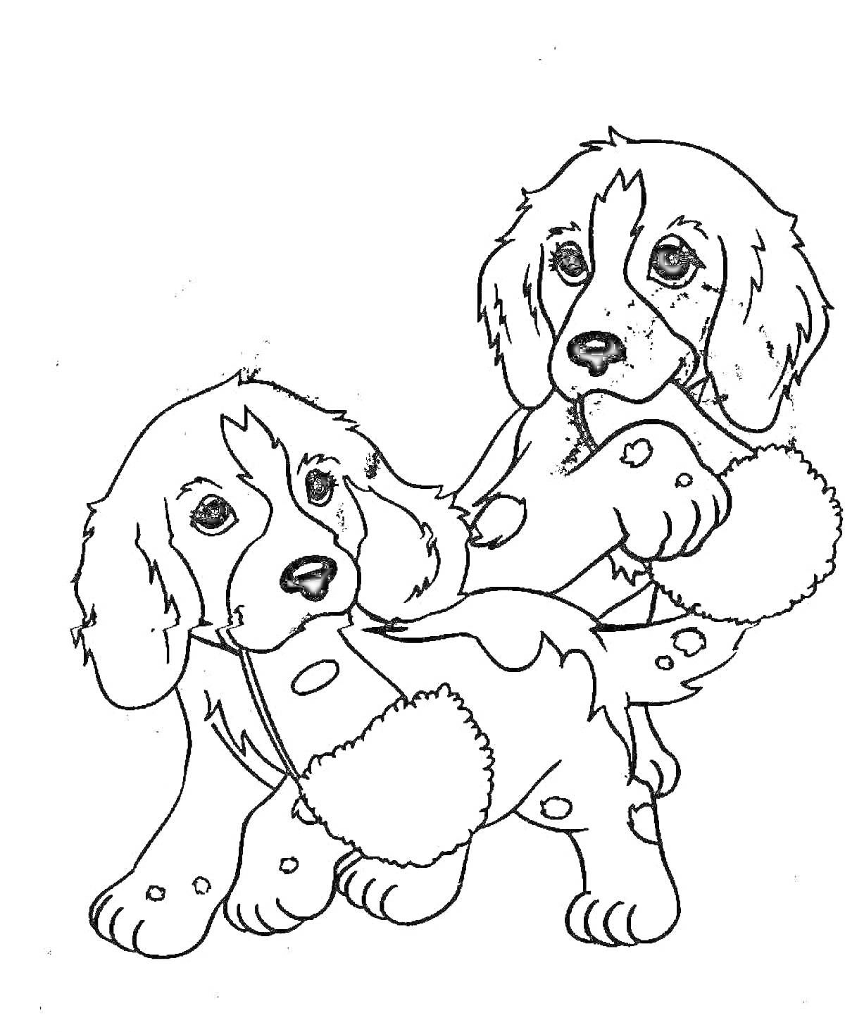 Раскраска Две собачки с большими лапами и пятнами на мордочке и теле