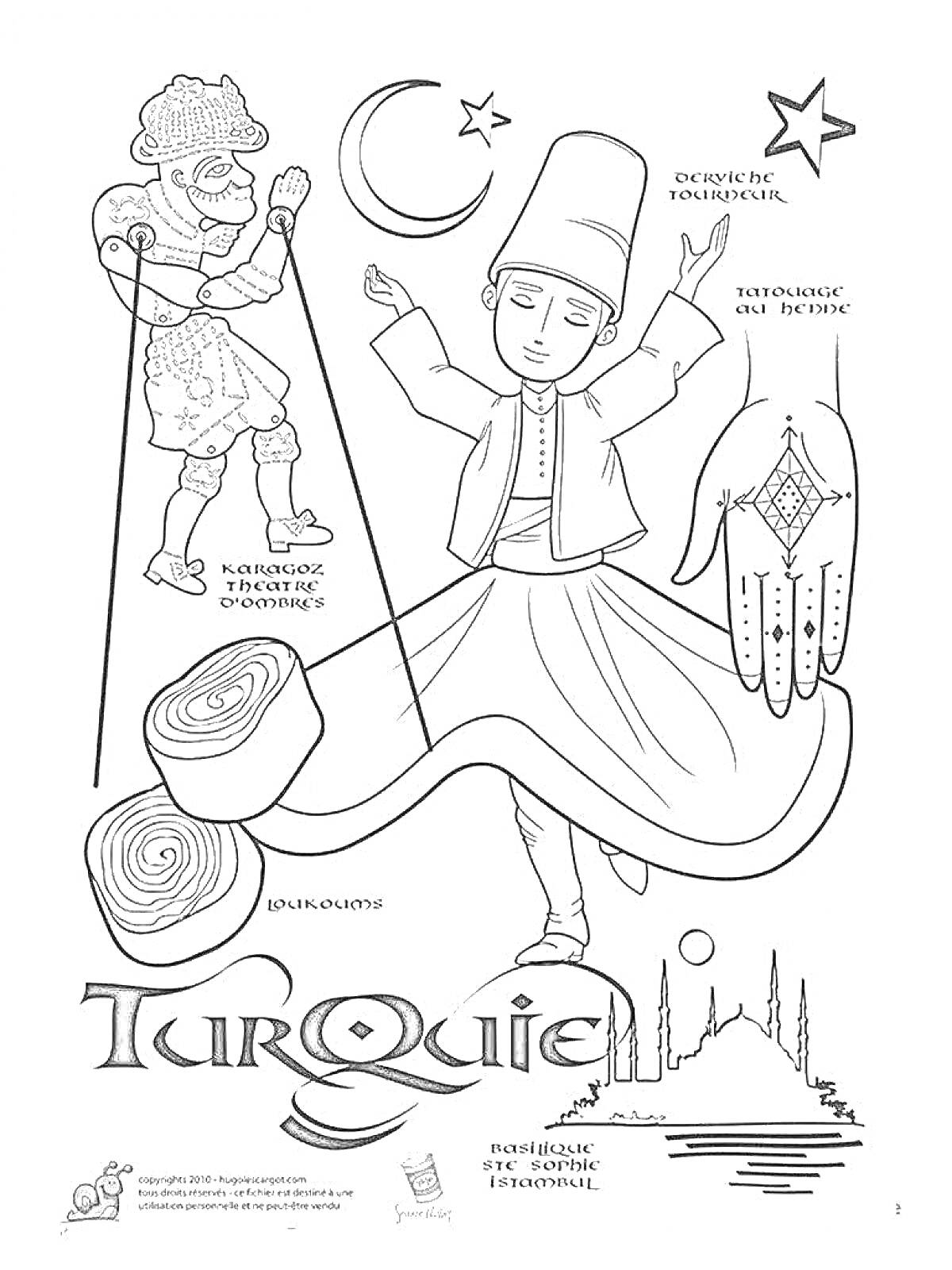 Раскраска Турция: дервиш, турецкий воин, месяц, звезда, рука с рисунком, танцующий человек, катушка ниток, собор Святой Софии