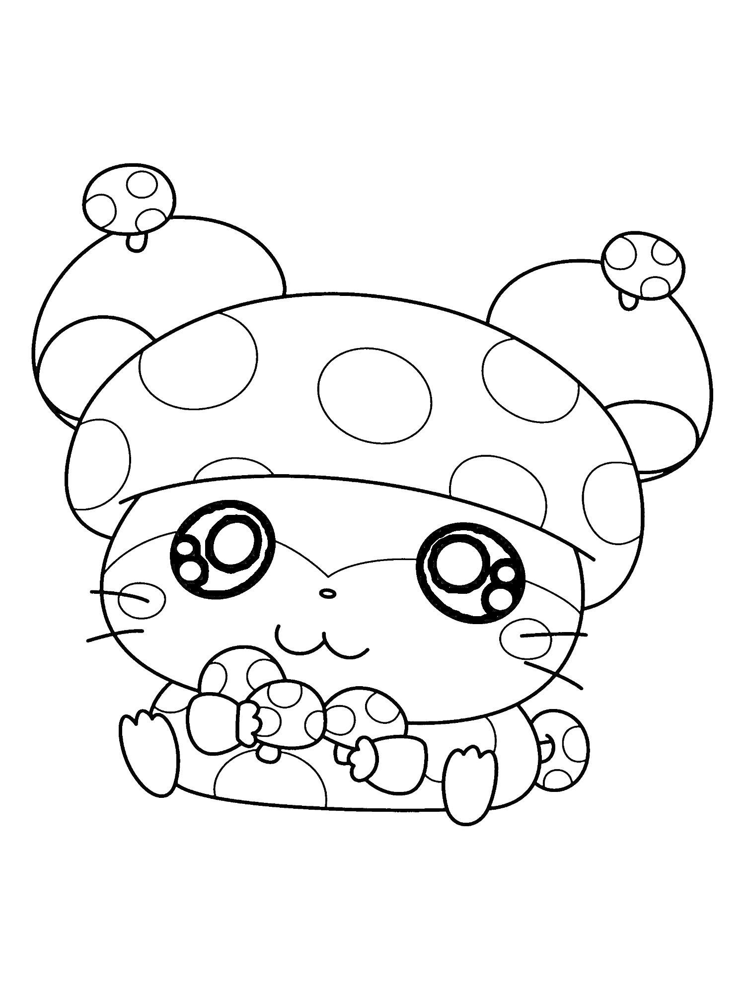 Раскраска Милая мышка с большими глазами в шапке с горошком, держащая грибы