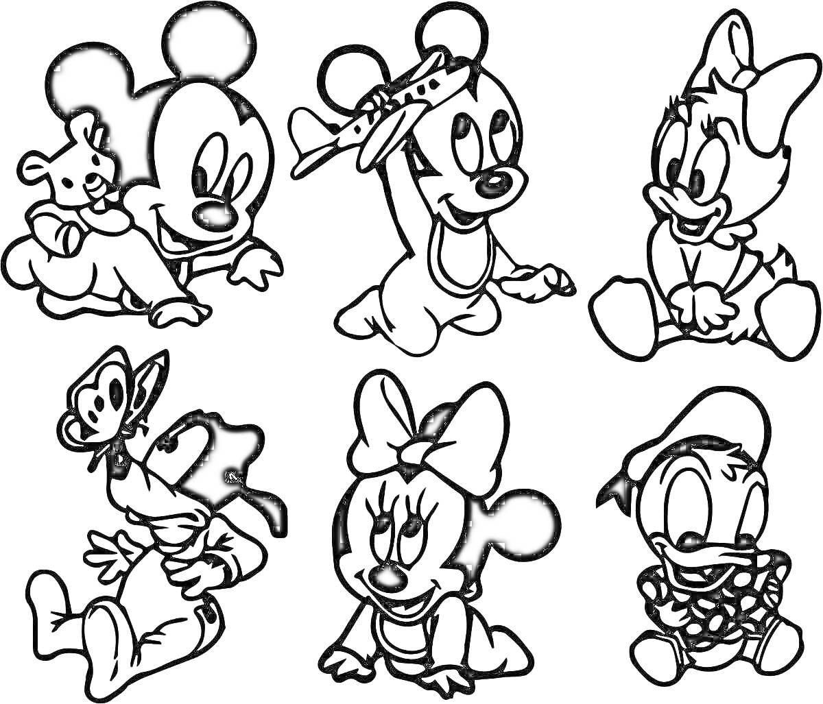 Раскраска Маленькие мультяшные персонажи: Микки с игрушкой, Микки с самолетиком, малышка в сетчатом платочке, малыш с бабочкой на носу, мини с бантиком, утенок в платочке.