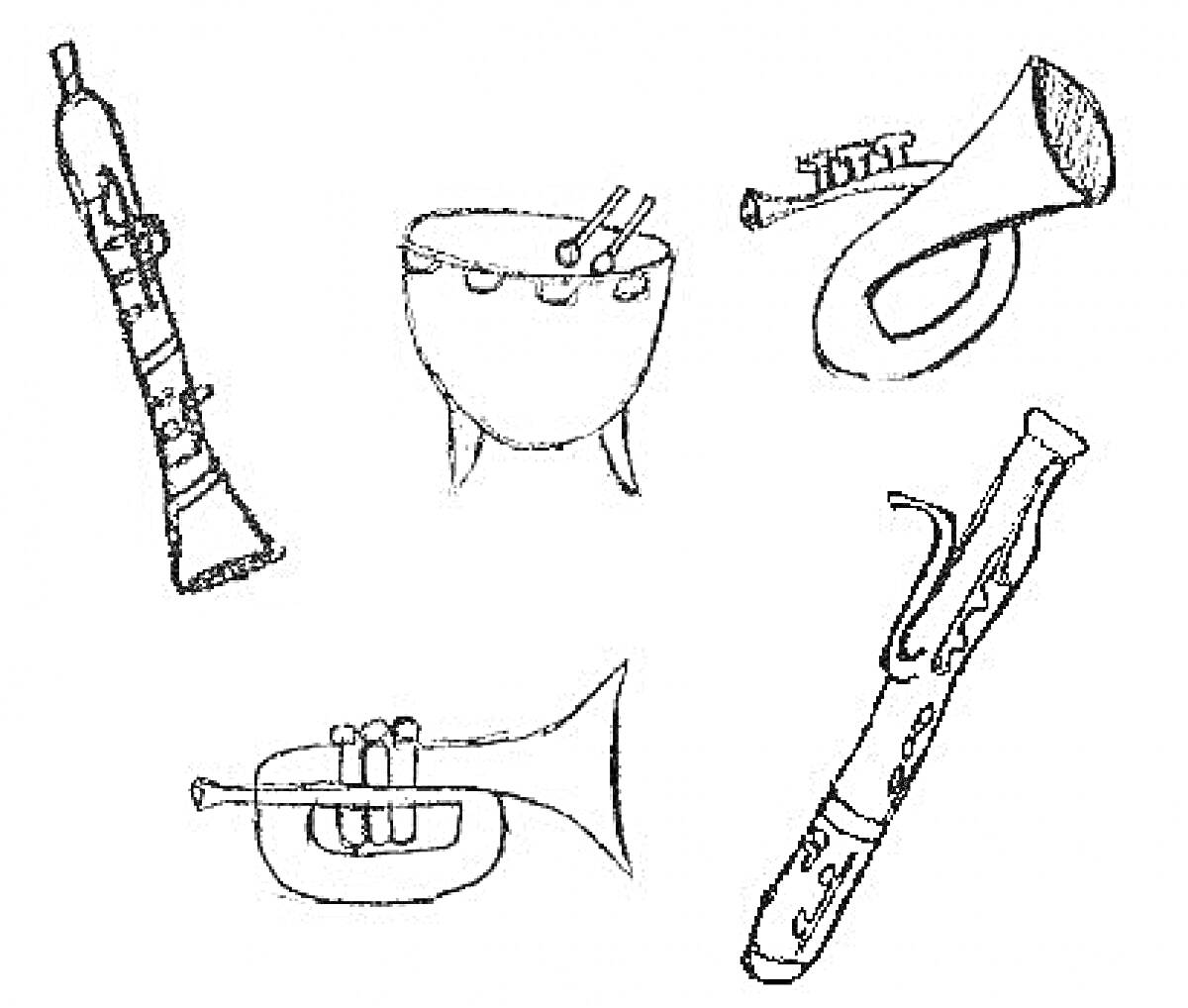 Раскраска Музыкальные инструменты (кларнет, литавры, маленькая труба, валторна, труба)