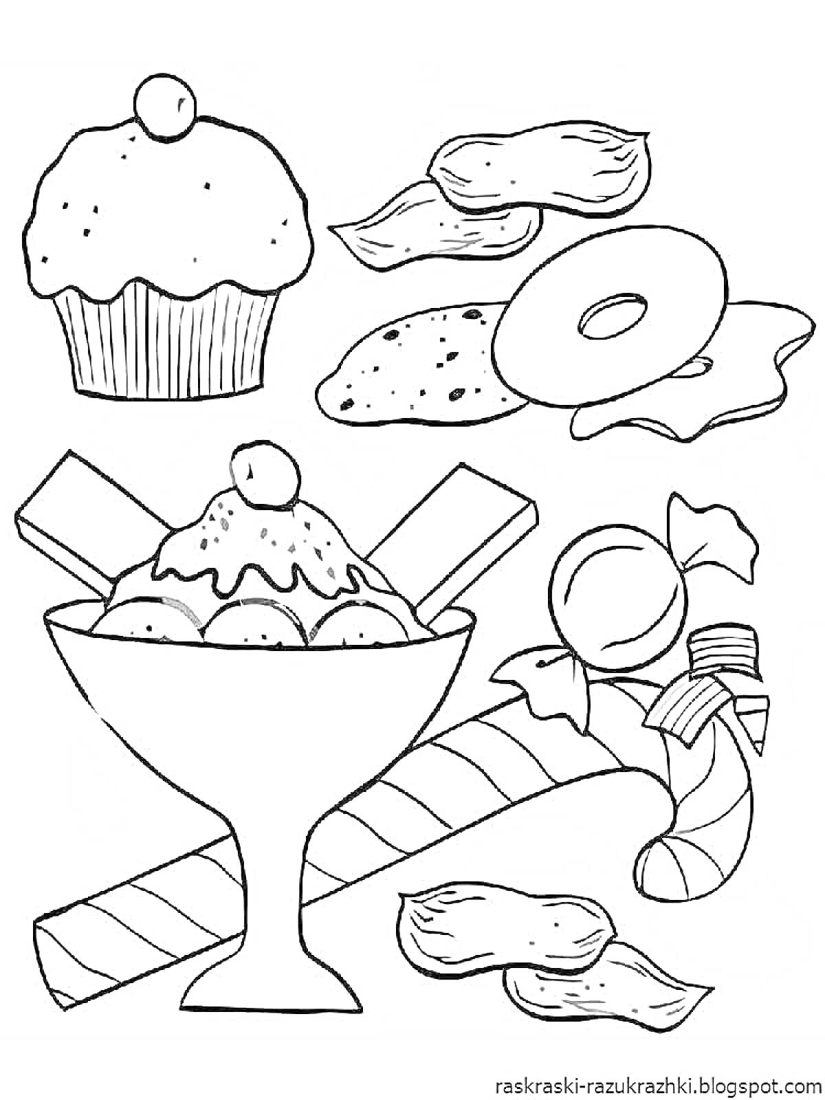 На раскраске изображено: Кекс, Вишня, Печенье, Пончик, Мороженое, Конфеты, Сладости, Еда, Десерты