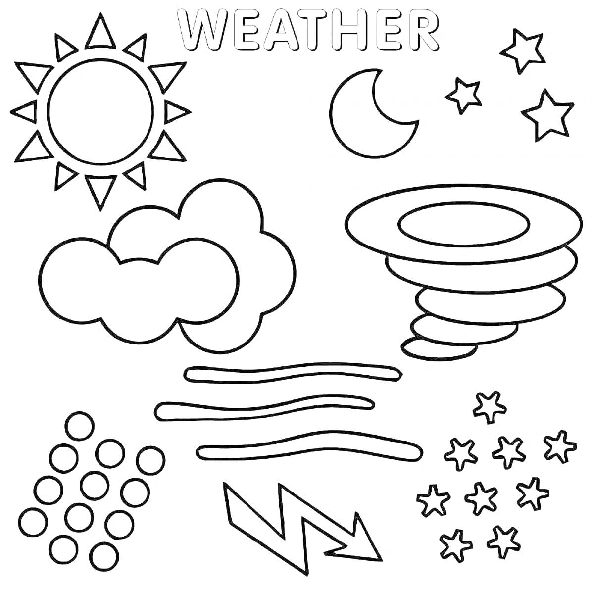 Раскраска Погода со всеми элементами: солнце, луна, облака, торнадо, дождь, ветер, молнии, звезды