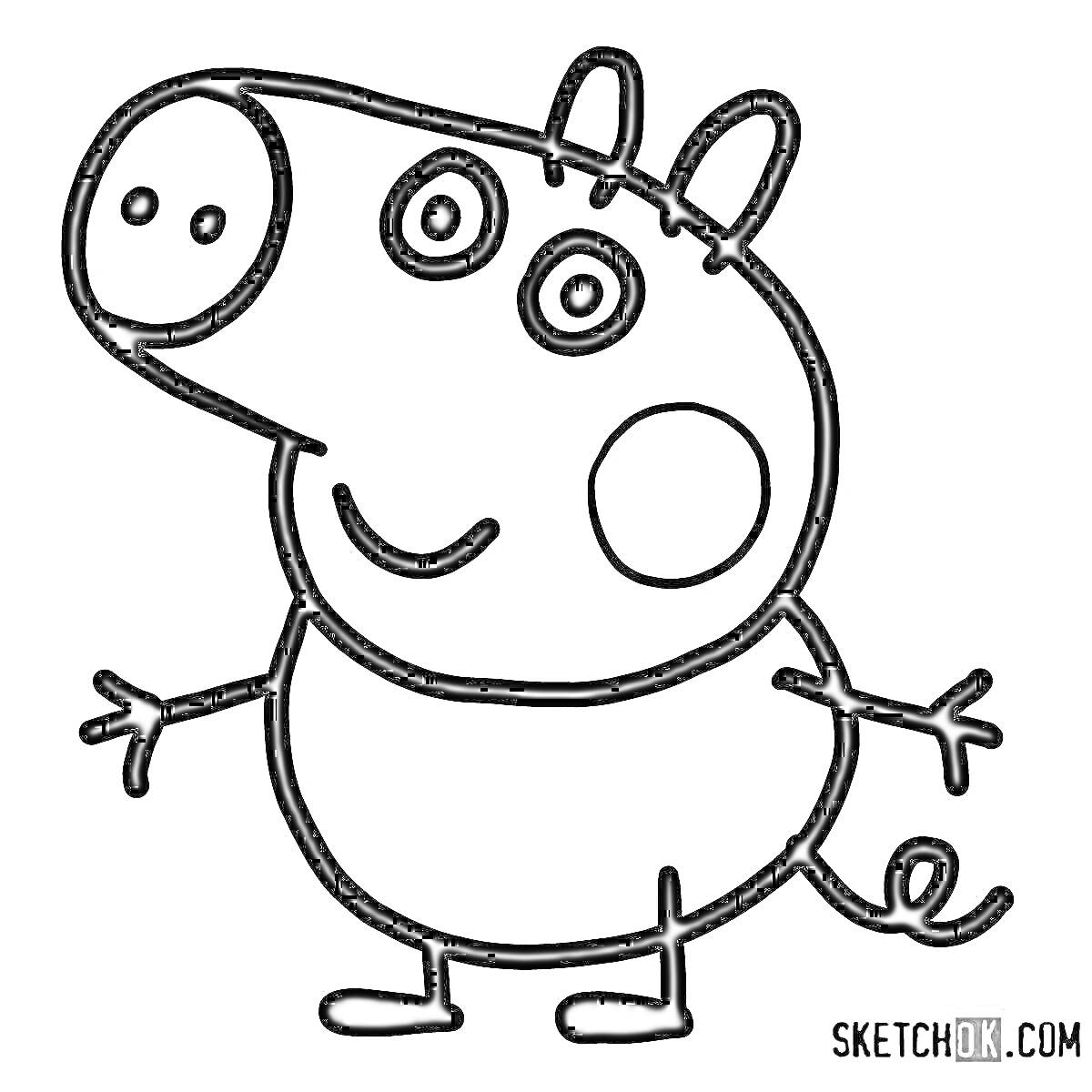 Раскраска Лягушка из Свинки Пеппы с ушами, носом, глазами, хвостом и ногами