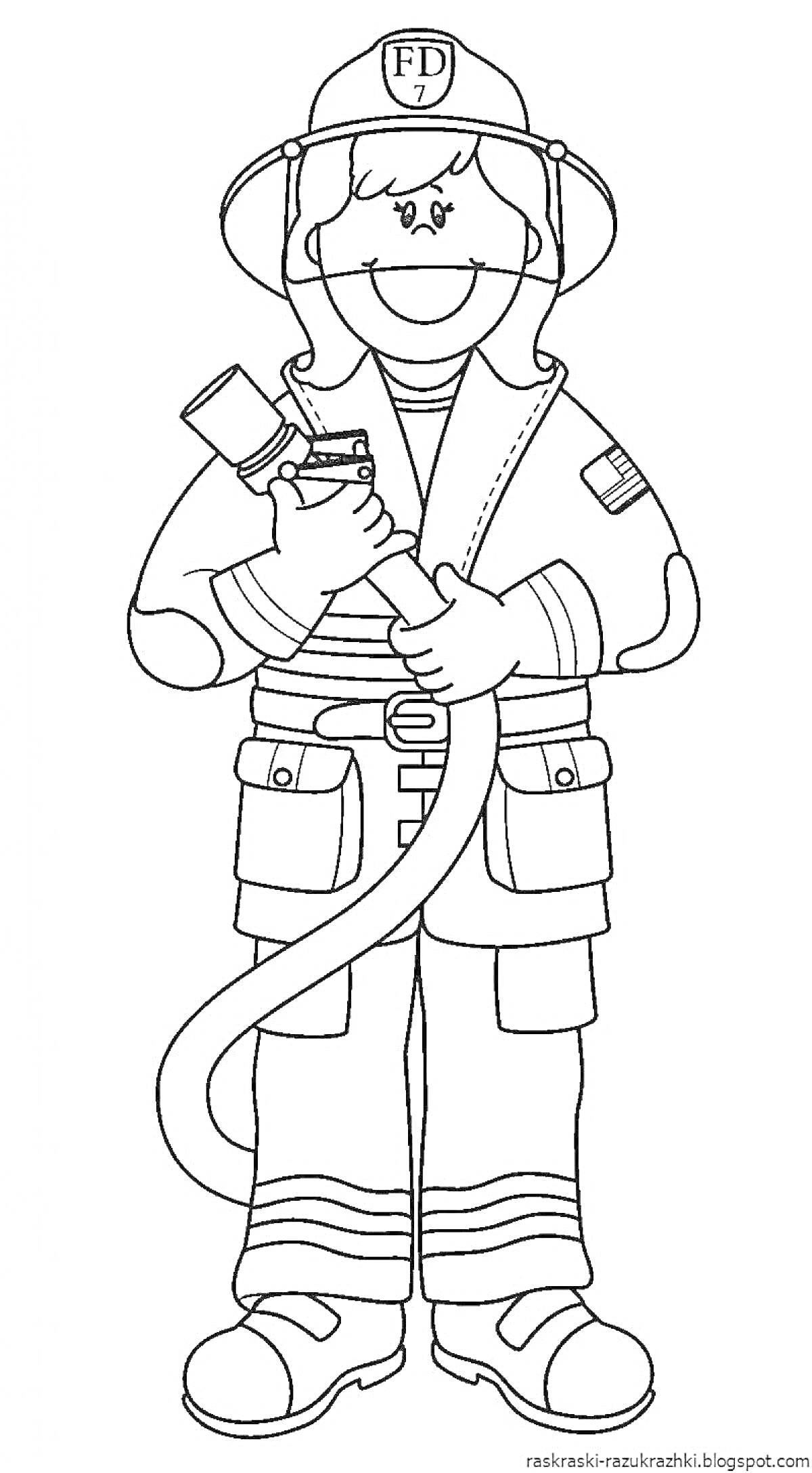 Раскраска Пожарник с пожарным рукавом в полном обмундировании