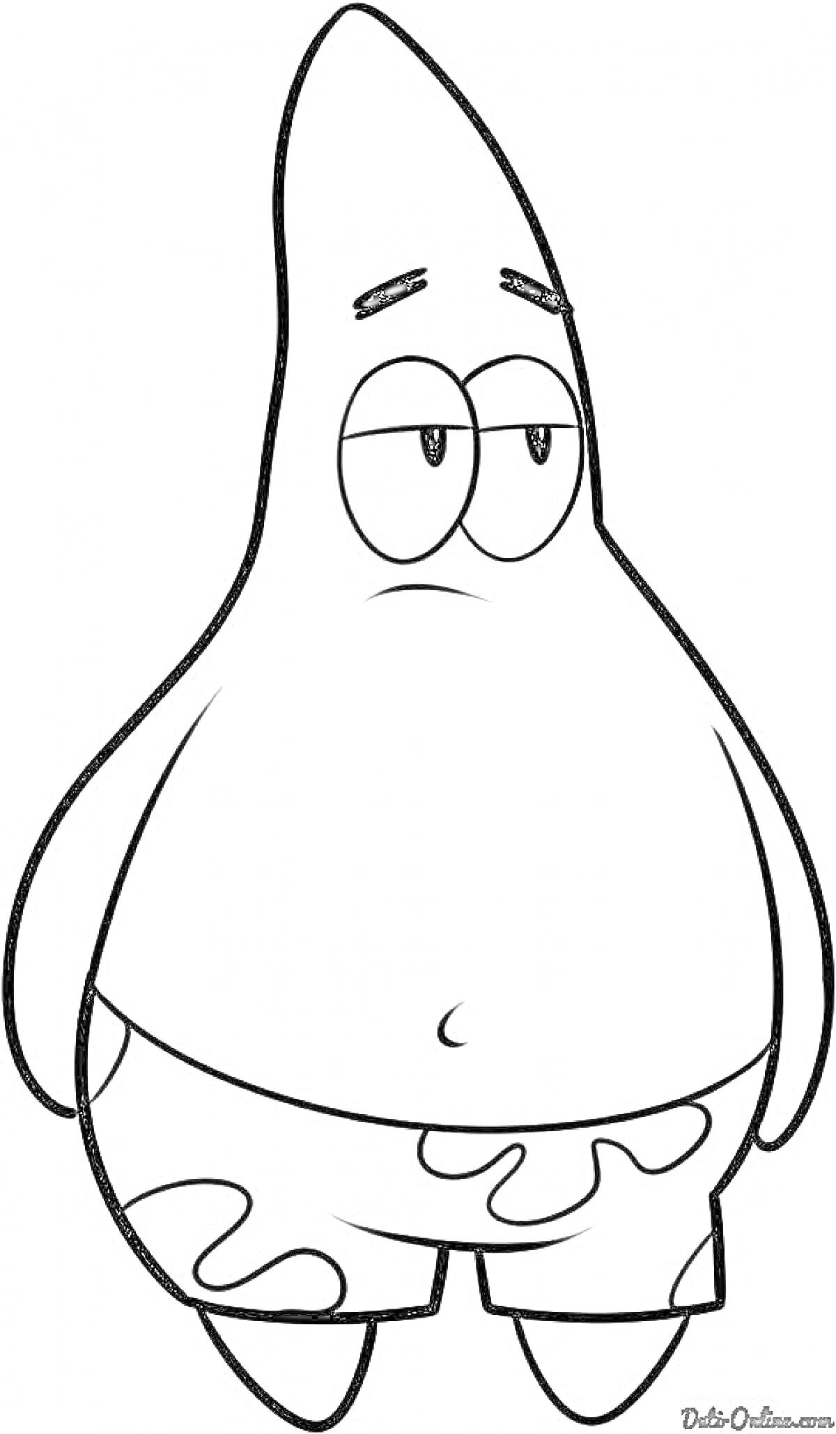 Раскраска Патрик в плавательных шортах, стоящий с грустным выражением лица