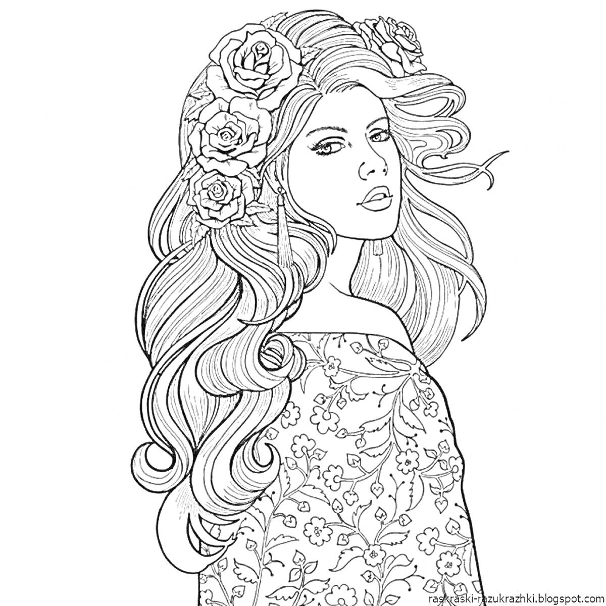 Раскраска Девушка с цветами в волосах и цветочным узором на одежде