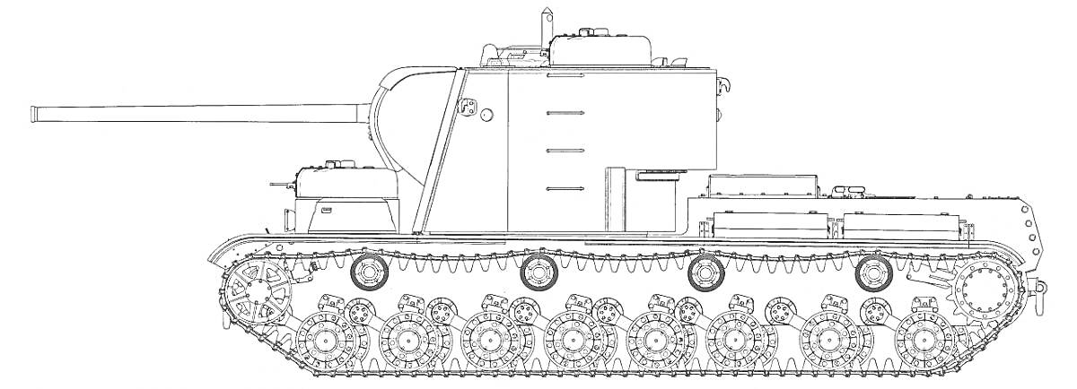 Раскраска Черно-белое изображение танка КВ-6, боковая проекция, видны гусеницы, башня и длинное орудие.