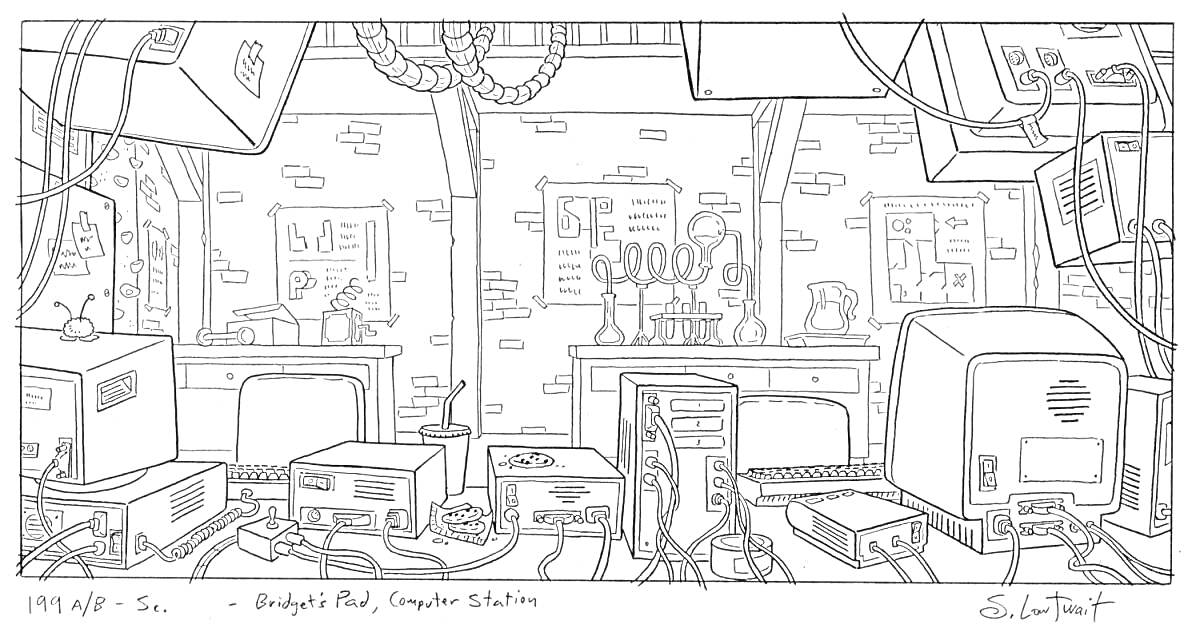Раскраска Лаборатория с разными компьютерами, проводами и оборудованием