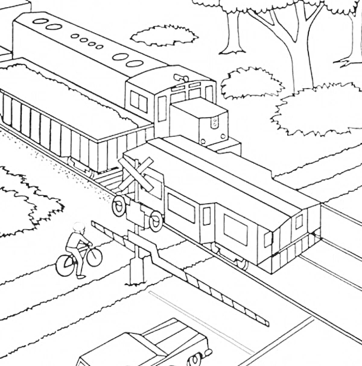 Раскраска Железнодорожный переезд с поездом, фурой, велосипедистом и автомобилем на дороге в лесистой местности