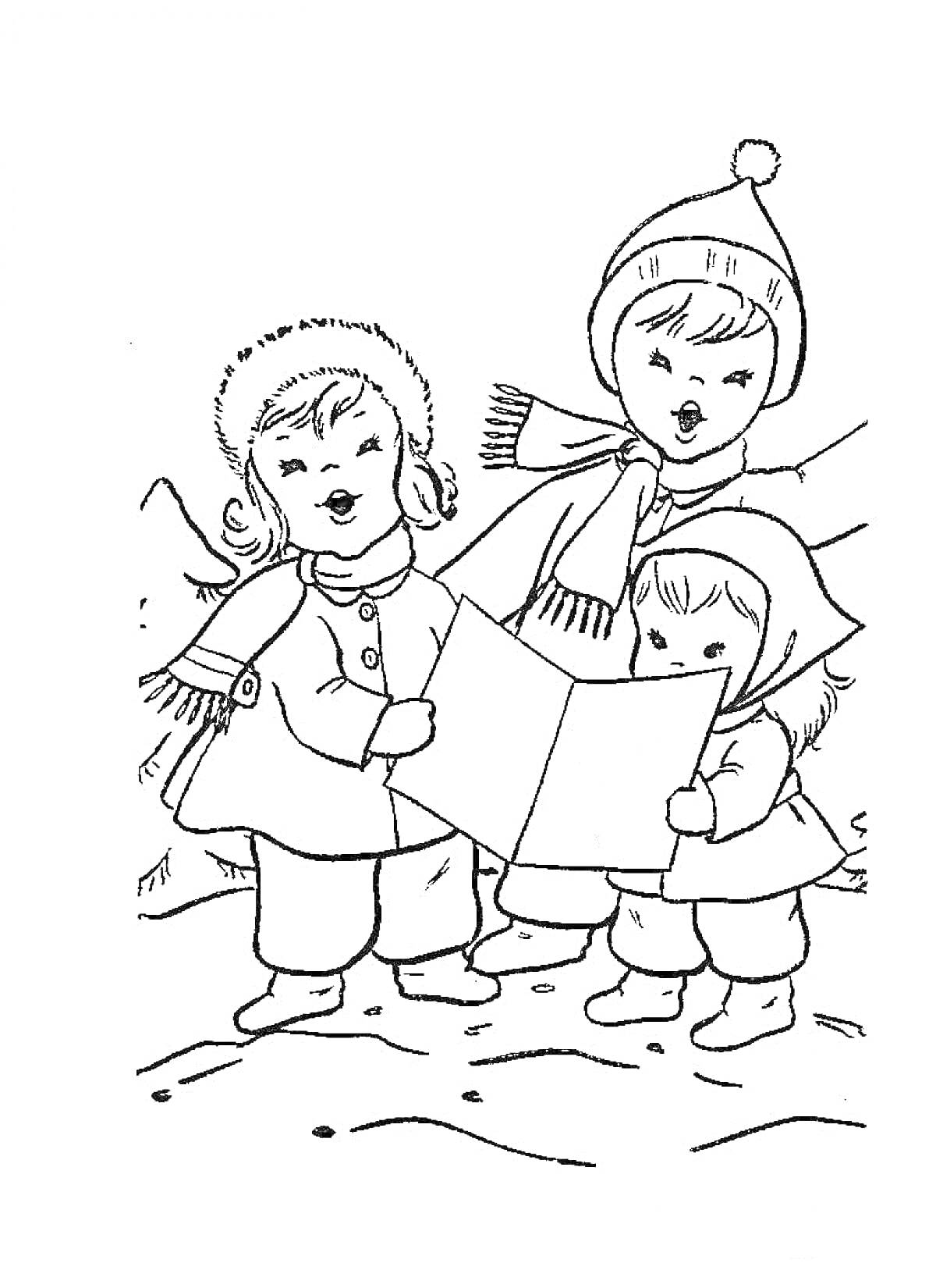 Раскраска Дети в зимней одежде поют колядки с листом бумаги на улице