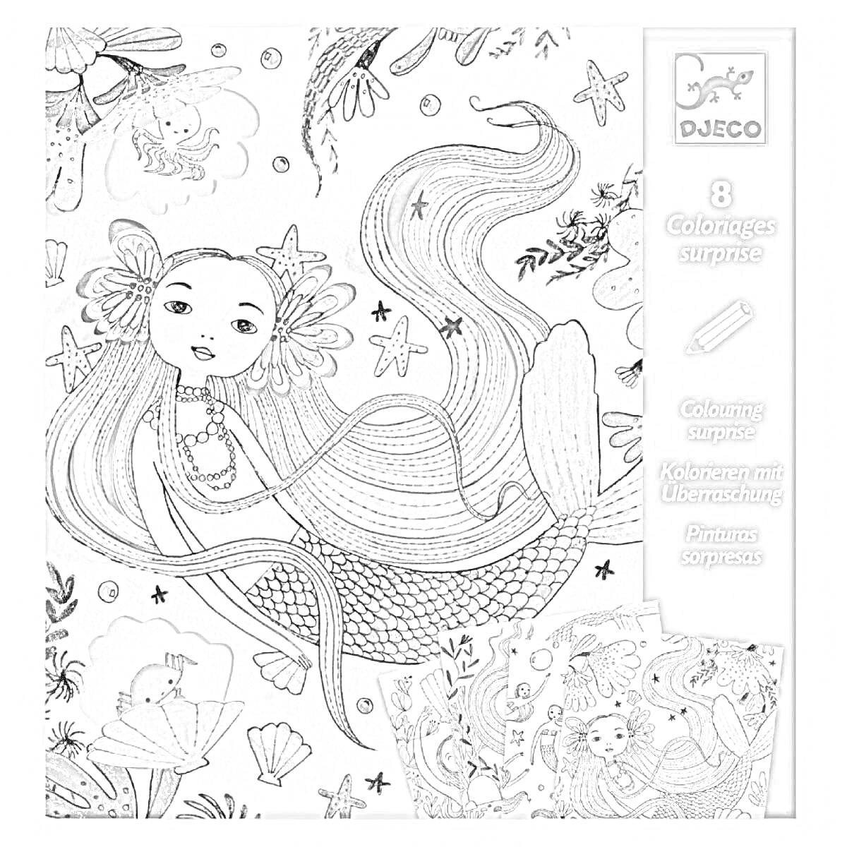 Раскраска Русалка с элементами морской жизни (рыбы, звезды, водоросли, цветы)