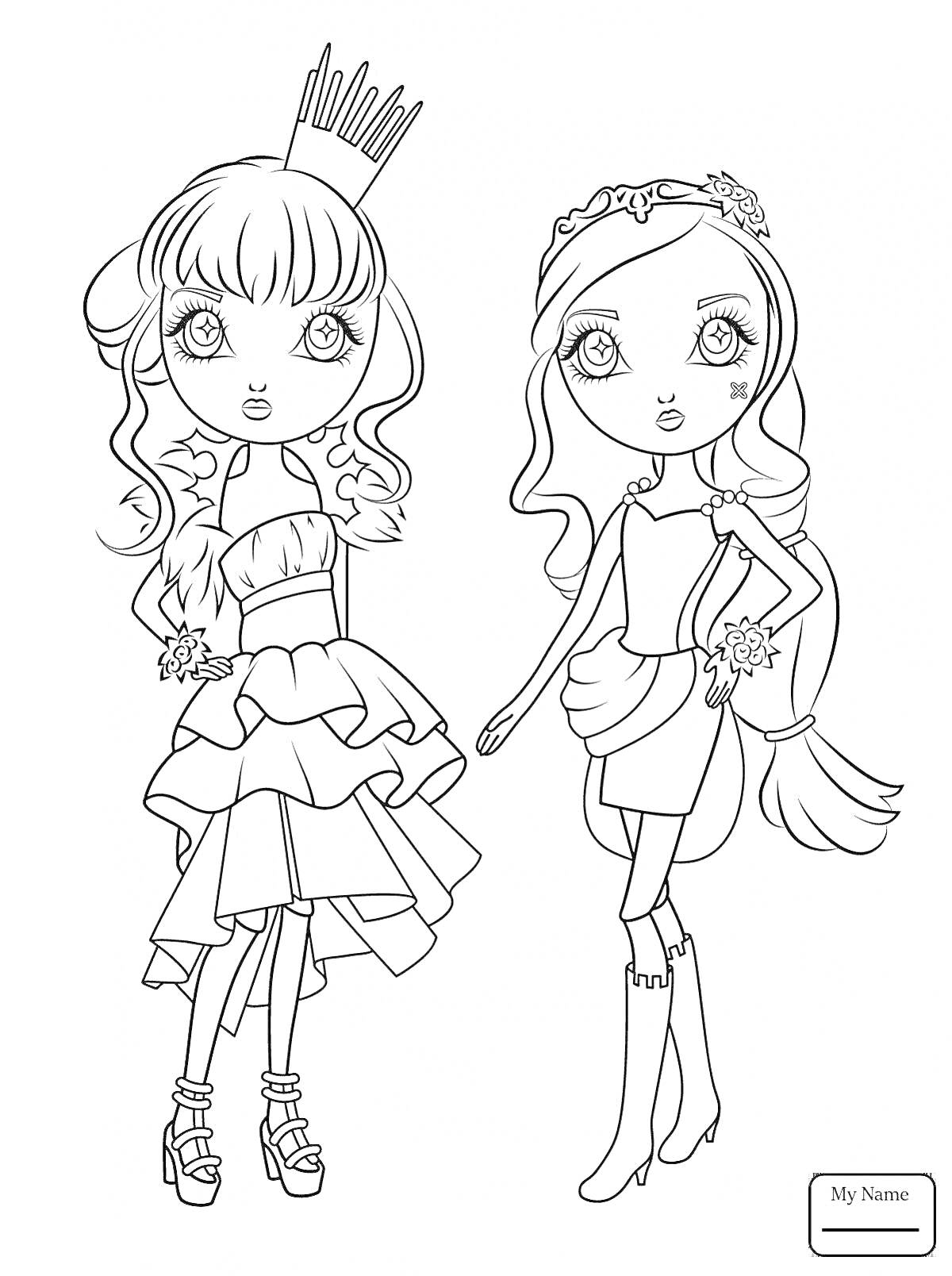 Раскраска Две куклы в модных нарядах с аксессуарами, правой куклой с венком на голове и ботинками на платформе, левой куклой с короной и кудряшками