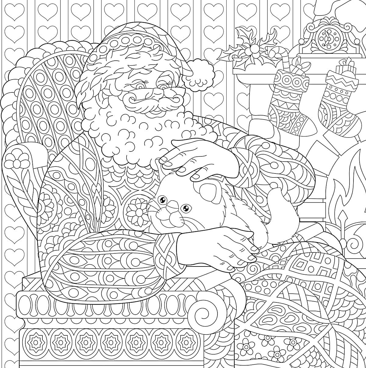 Раскраска Дед Мороз с кошкой у камина в новогодней комнате с подарками и носками