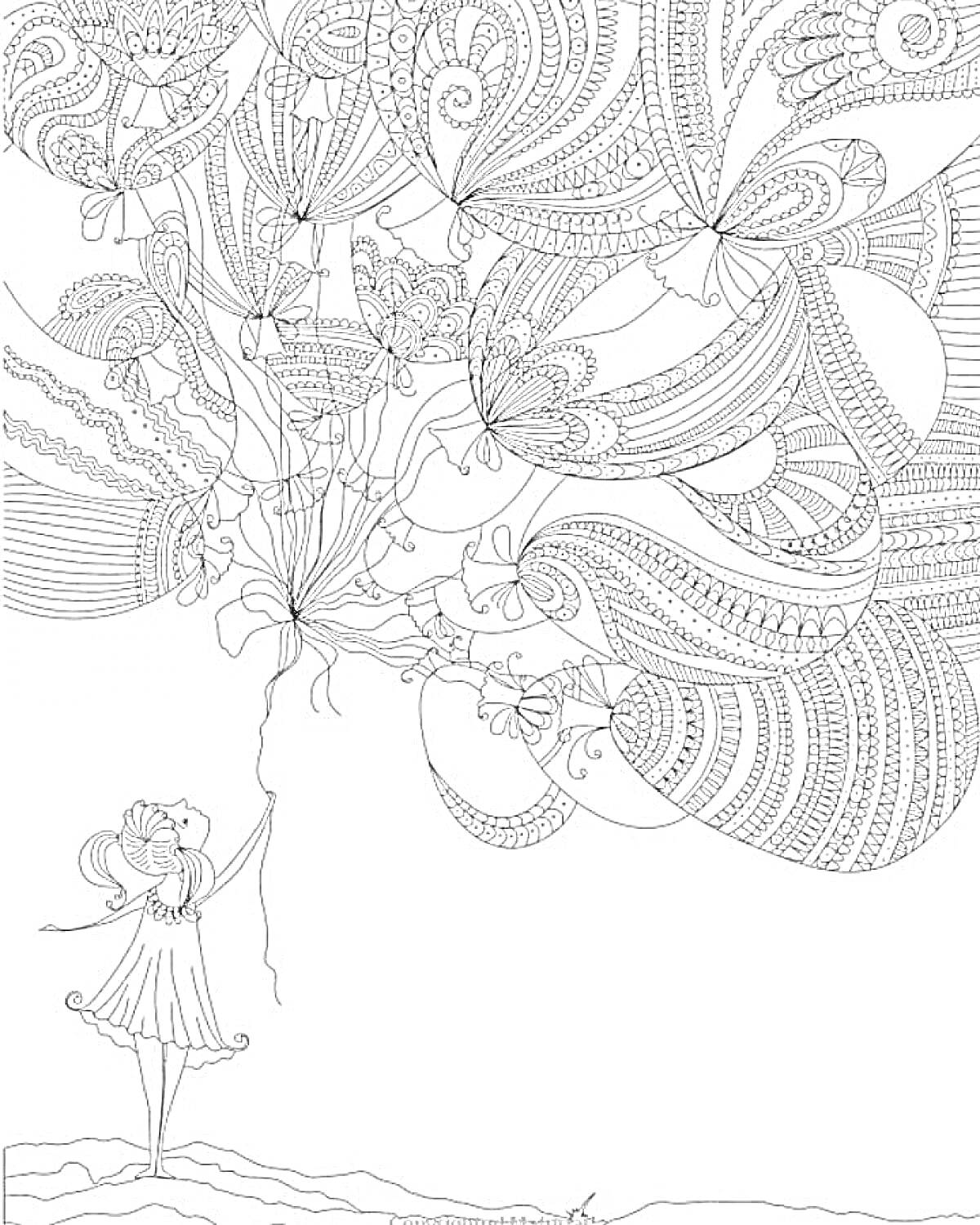 Раскраска Девочка с воздушными шарами, украшенные узорами, абстрактный фон