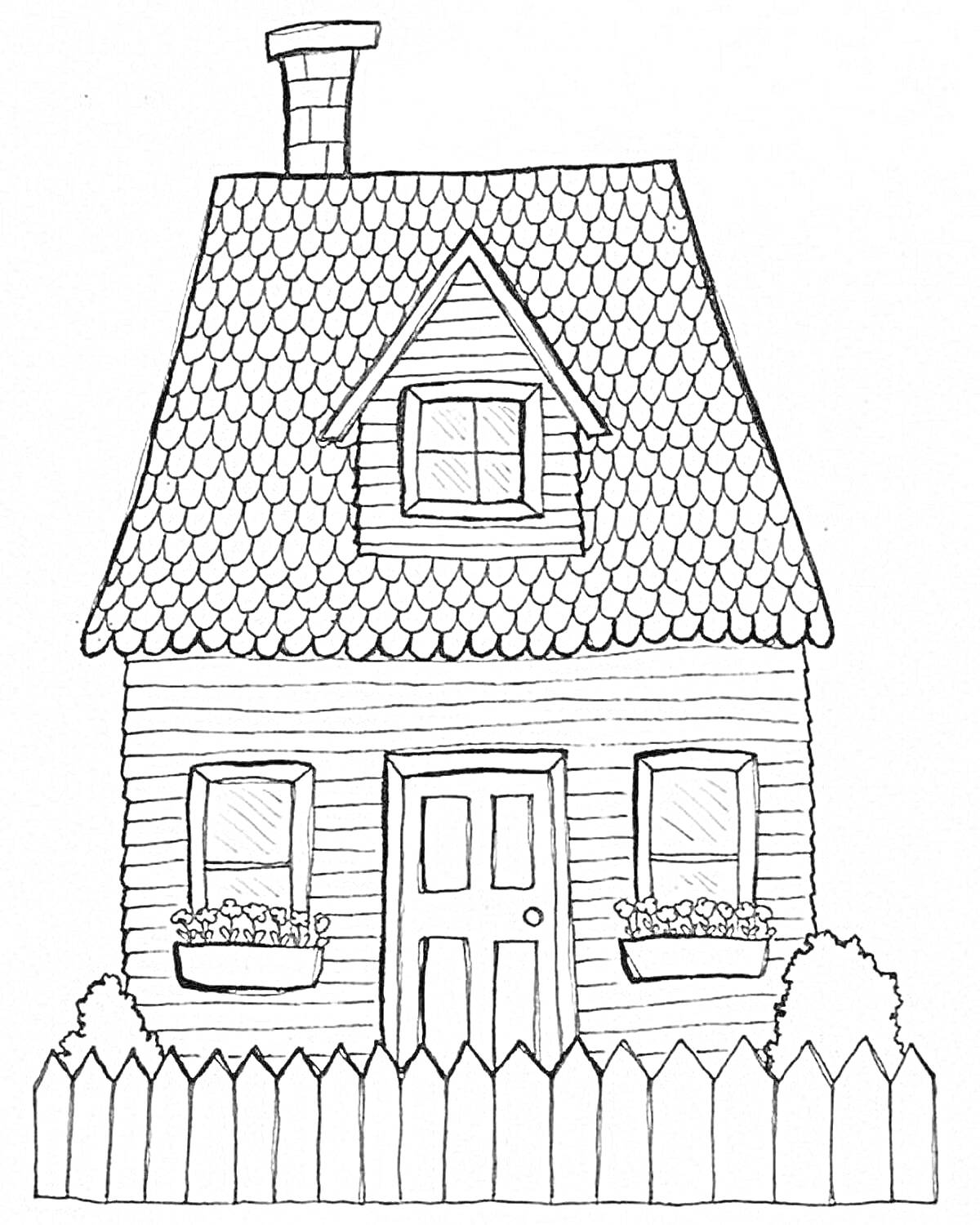 На раскраске изображено: Деревенский домик, Мансарда, Цветы, Окна, Дверь, Забор, Крыша, Дымоход, Кусты