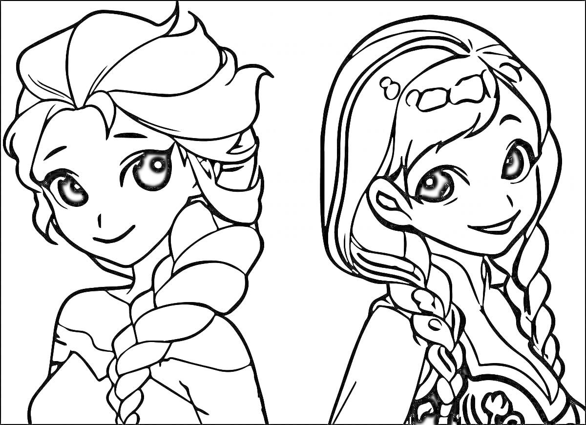 Раскраска Две девочки с косами, одетые в фантазийные наряды с элементами плетения