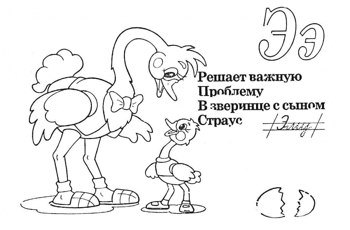 Раскраска Страус с птенцом решают проблему, рядом расколотая скорлупа яйца