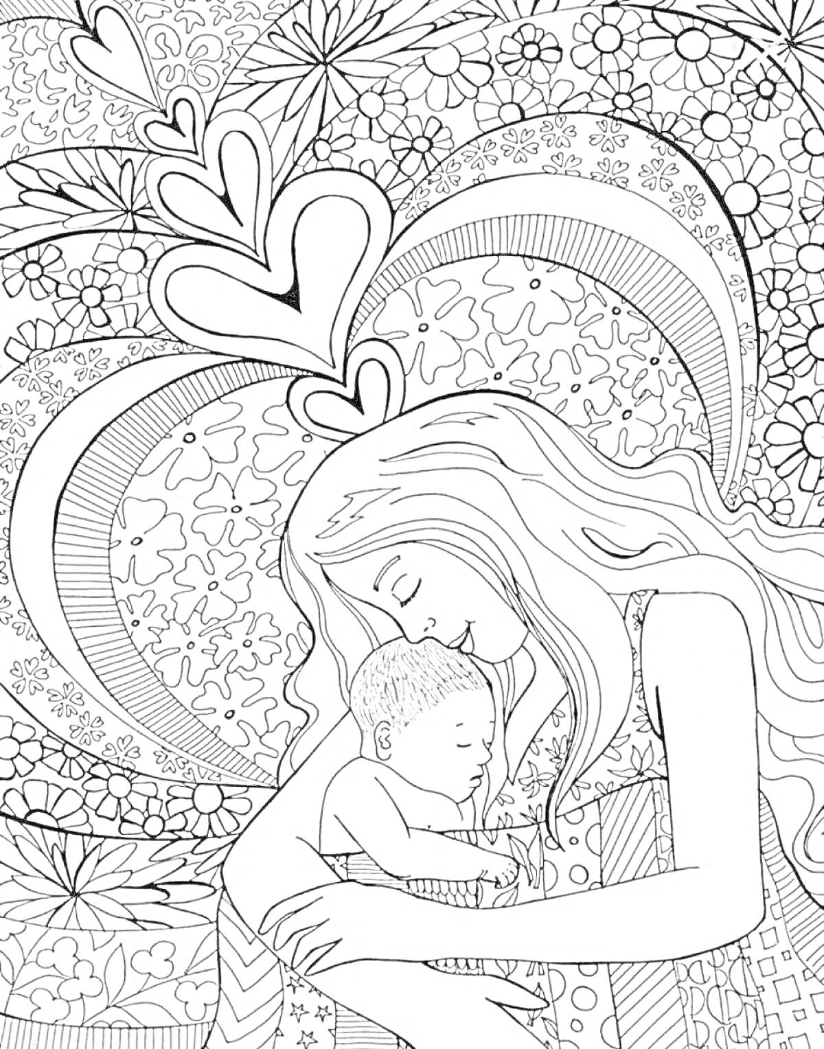 Раскраска Мать и ребенок на фоне цветов и узоров с сердцами