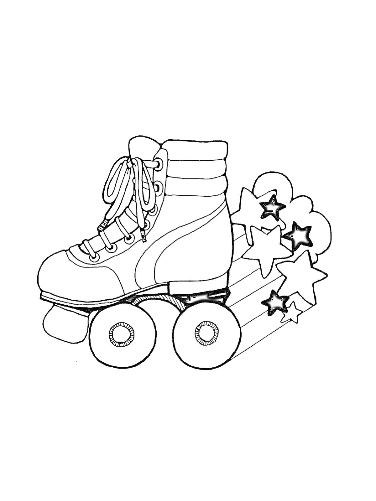 На раскраске изображено: Звезды, Катание, Обувь, Спорт, Для детей, Контурные рисунки, Роликовые коньки