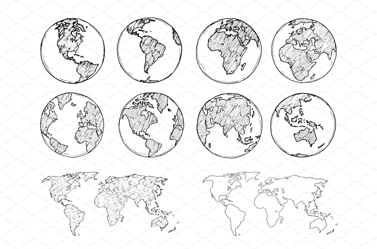 изображения Земли с материками в девяти кругах и контурная карта мира