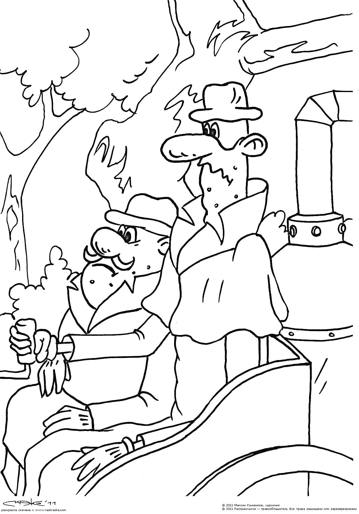 Два человека в шляпах и пальто на фоне деревьев и паровоза в мультфильме 