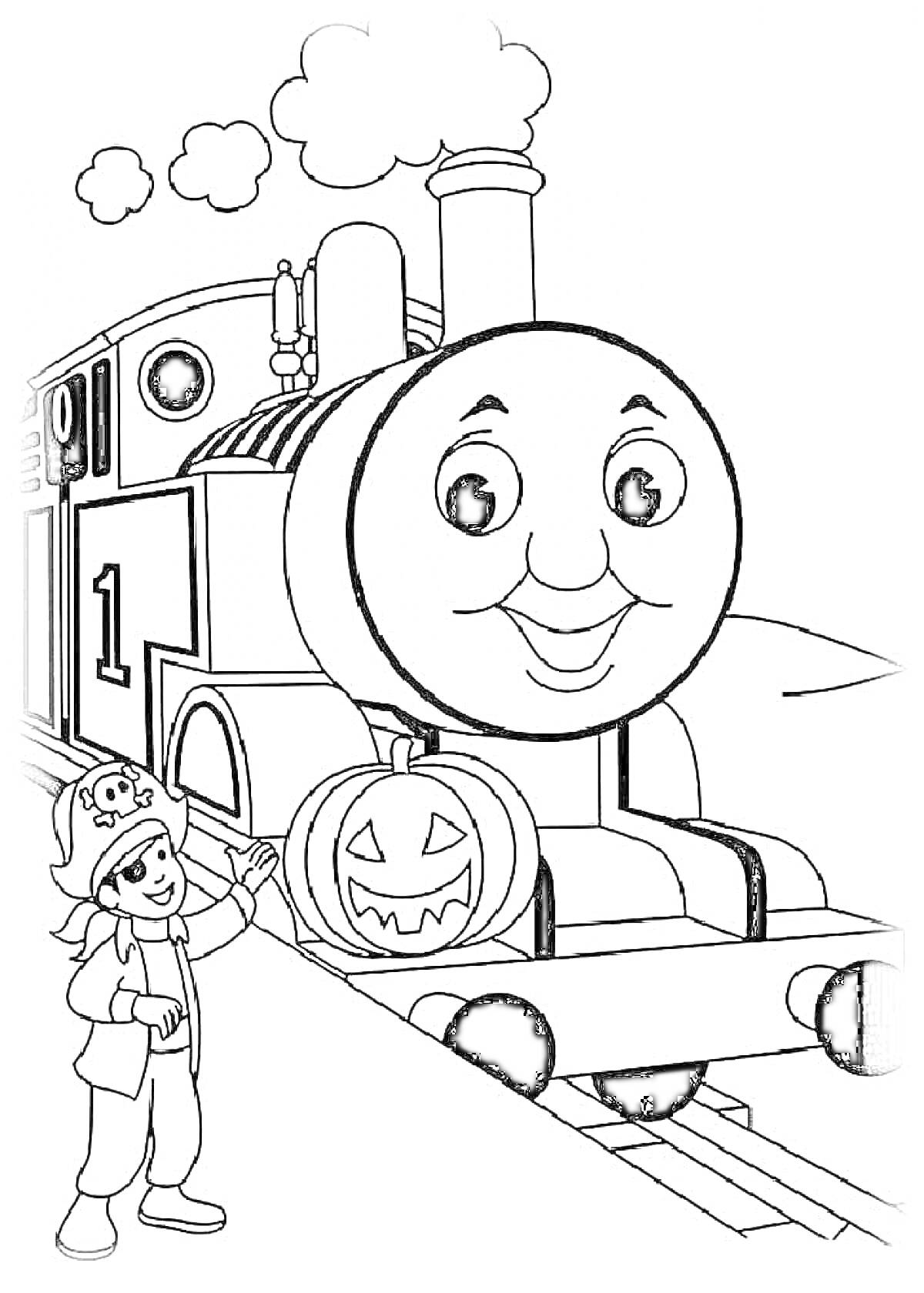 На раскраске изображено: Томас и его друзья, Тыква, Хэллоуин, Мальчик, Железная дорога, Паровоз, Пираты