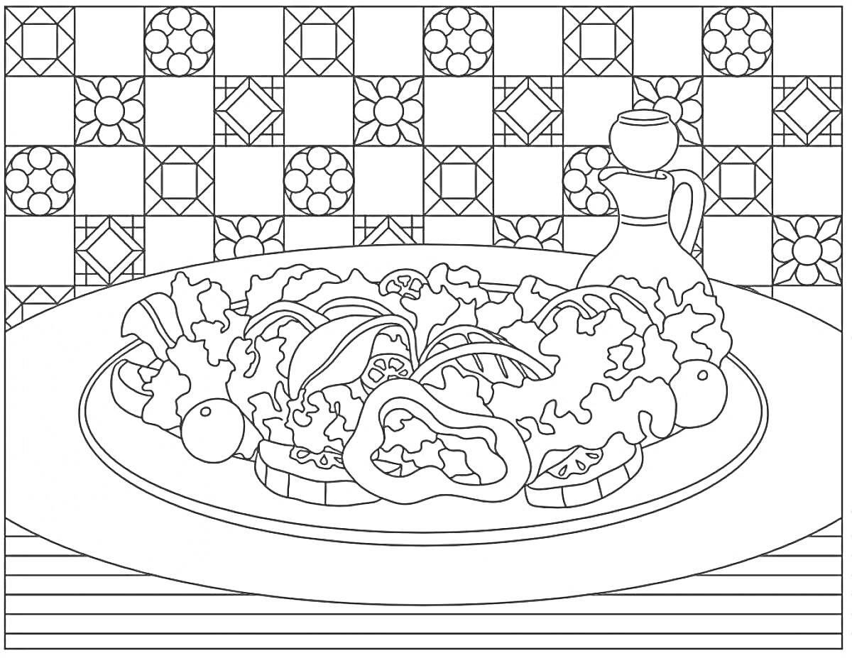Салат с овощами на тарелке и бутылкой масла на фоне плиточного кухонного фартука