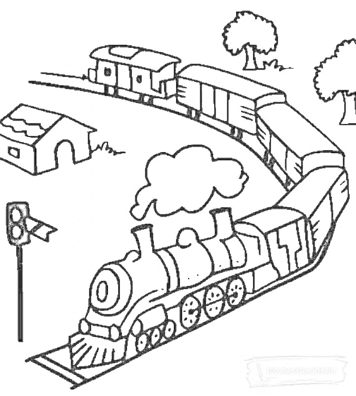 На раскраске изображено: Поезд, Паровоз, Вагоны, Железная дорога, Светофор, Домик, Деревья