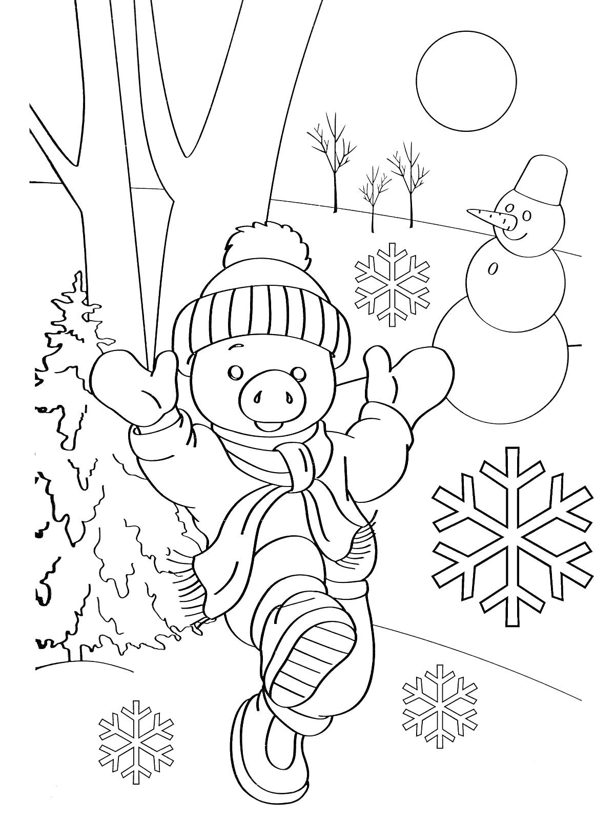 Раскраска Поросенок на прогулке зимой, снеговик, деревья, снежинки
